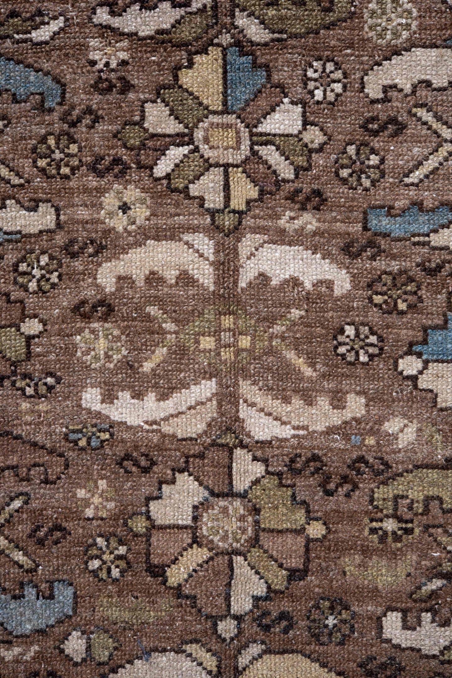 5' x 12' one-of-a-kind handmade antique Malayer runner rug. Color palette: brown, taupe, olive, ivory, sky_blue, charcoal