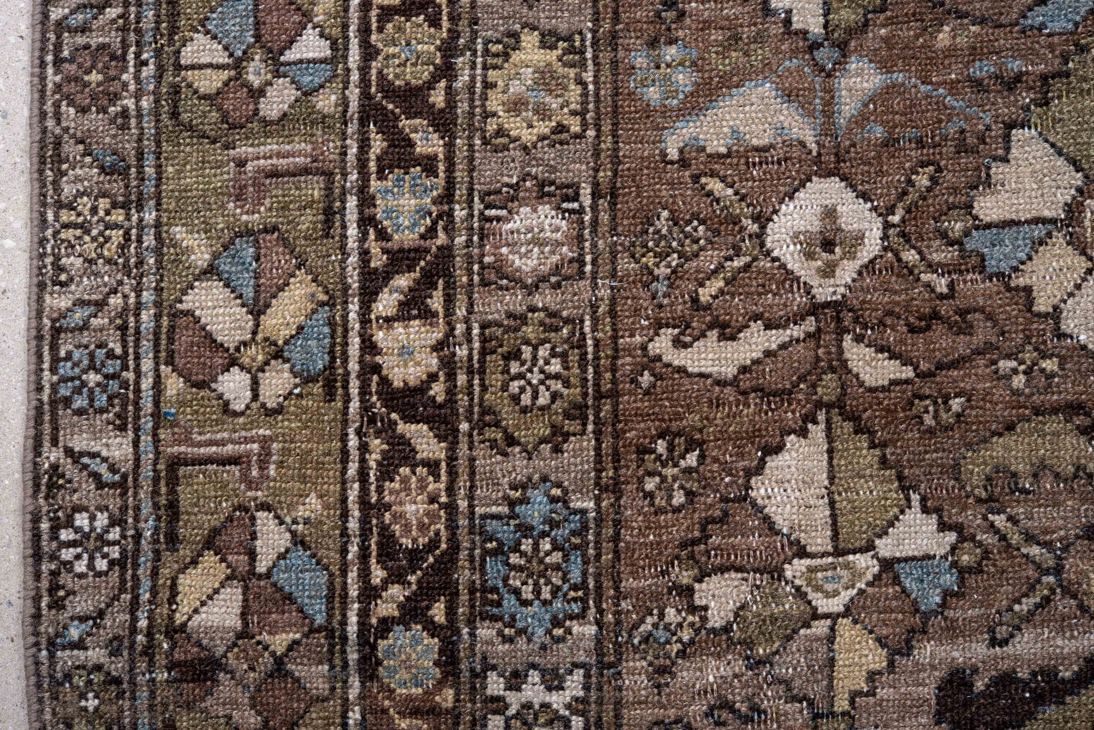 5' x 12' one-of-a-kind handmade antique Malayer runner rug. Color palette: brown, taupe, olive, ivory, sky_blue, charcoal