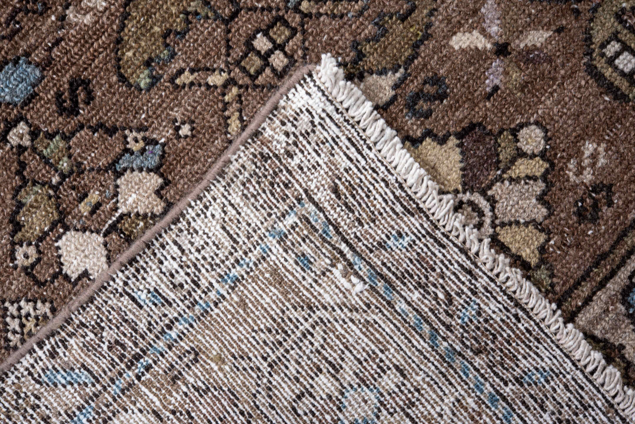 5' x 12' one-of-a-kind handmade antique Malayer runner rug. Color palette: brown, taupe, olive, ivory, sky_blue, charcoal