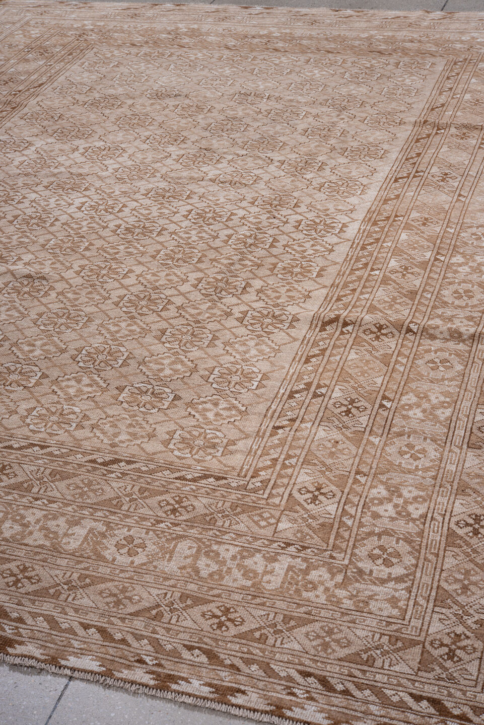 8' x 10' one-of-a-kind handmade vintage Afghan large size rug. Color palette: brown, gray, light gray, off-white, pink