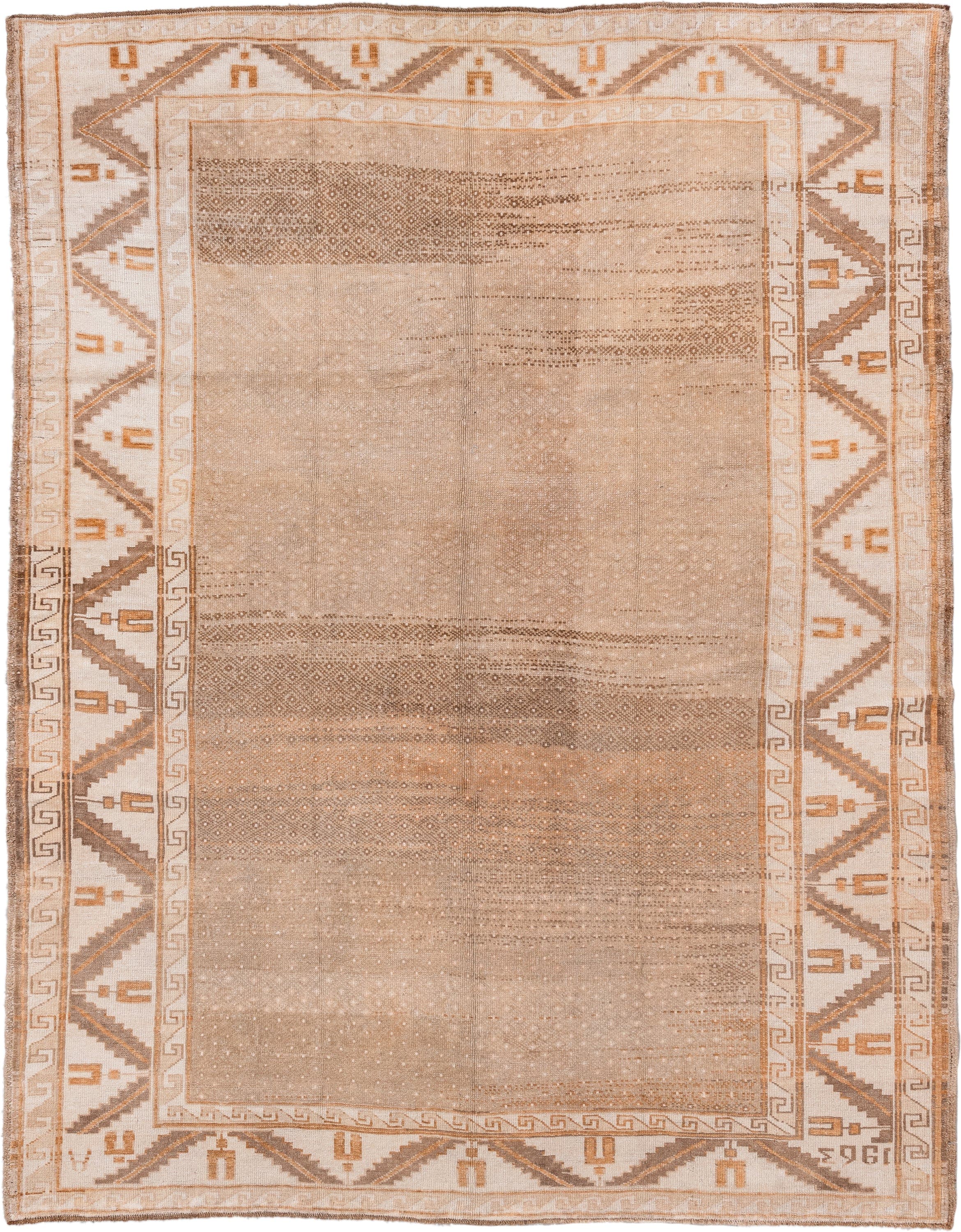 6' x 8' one-of-a-kind handmade antique Kars medium size rug. Color palette: camel, ivory, taupe, tan, brown, rust, beige