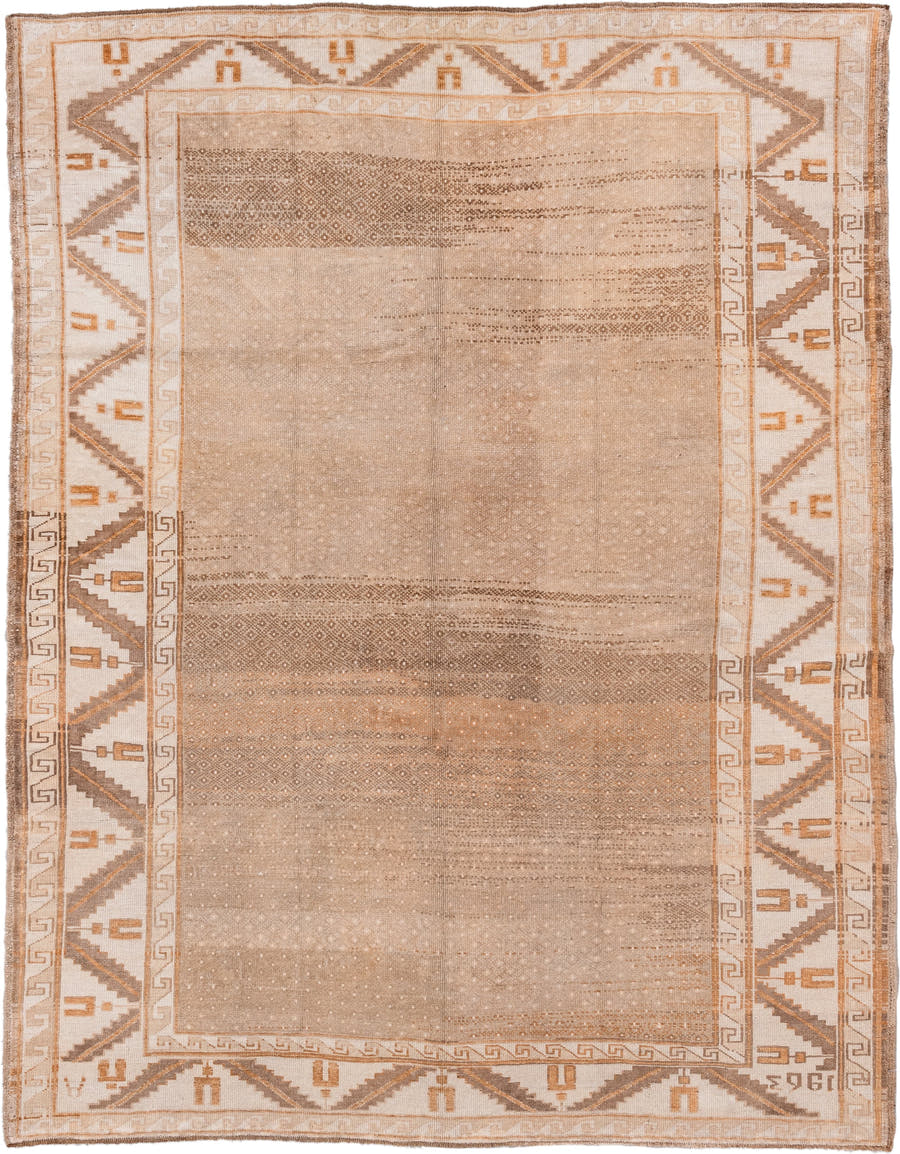 6' x 8' one-of-a-kind handmade antique Kars medium size rug. Color palette: camel, ivory, taupe, tan, brown, rust, beige