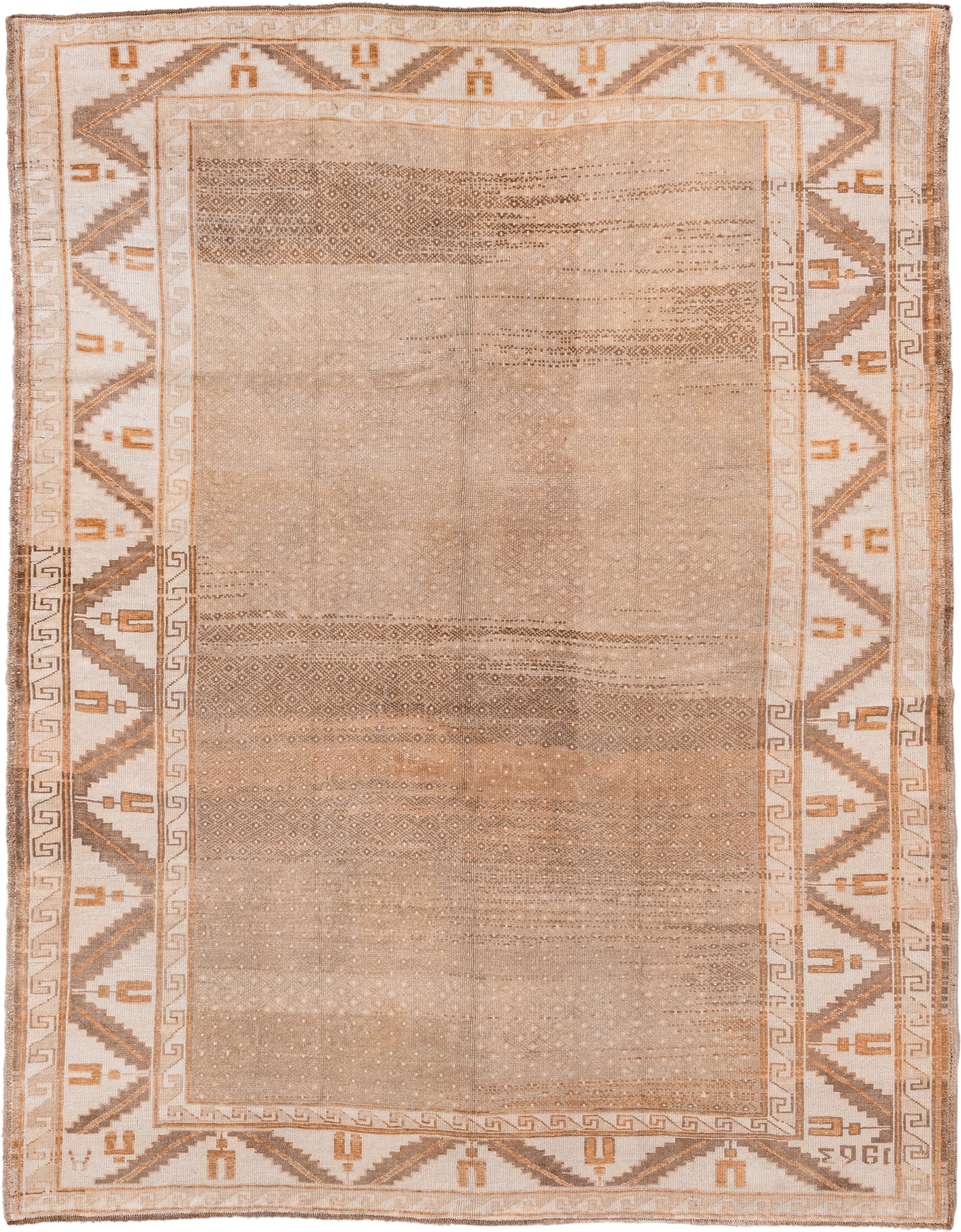 6' x 8' one-of-a-kind handmade antique Kars medium size rug. Color palette: camel, ivory, taupe, tan, brown, rust, beige