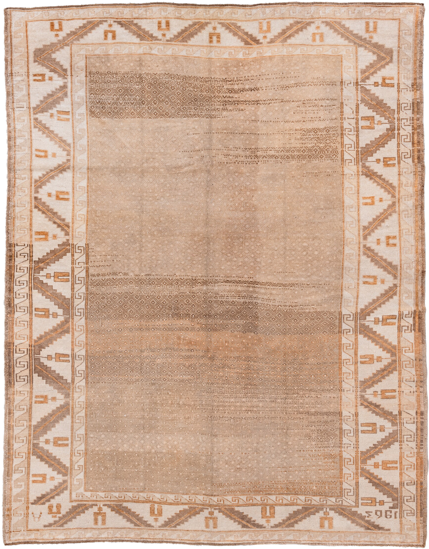 6' x 8' one-of-a-kind handmade antique Kars medium size rug. Color palette: camel, ivory, taupe, tan, brown, rust, beige
