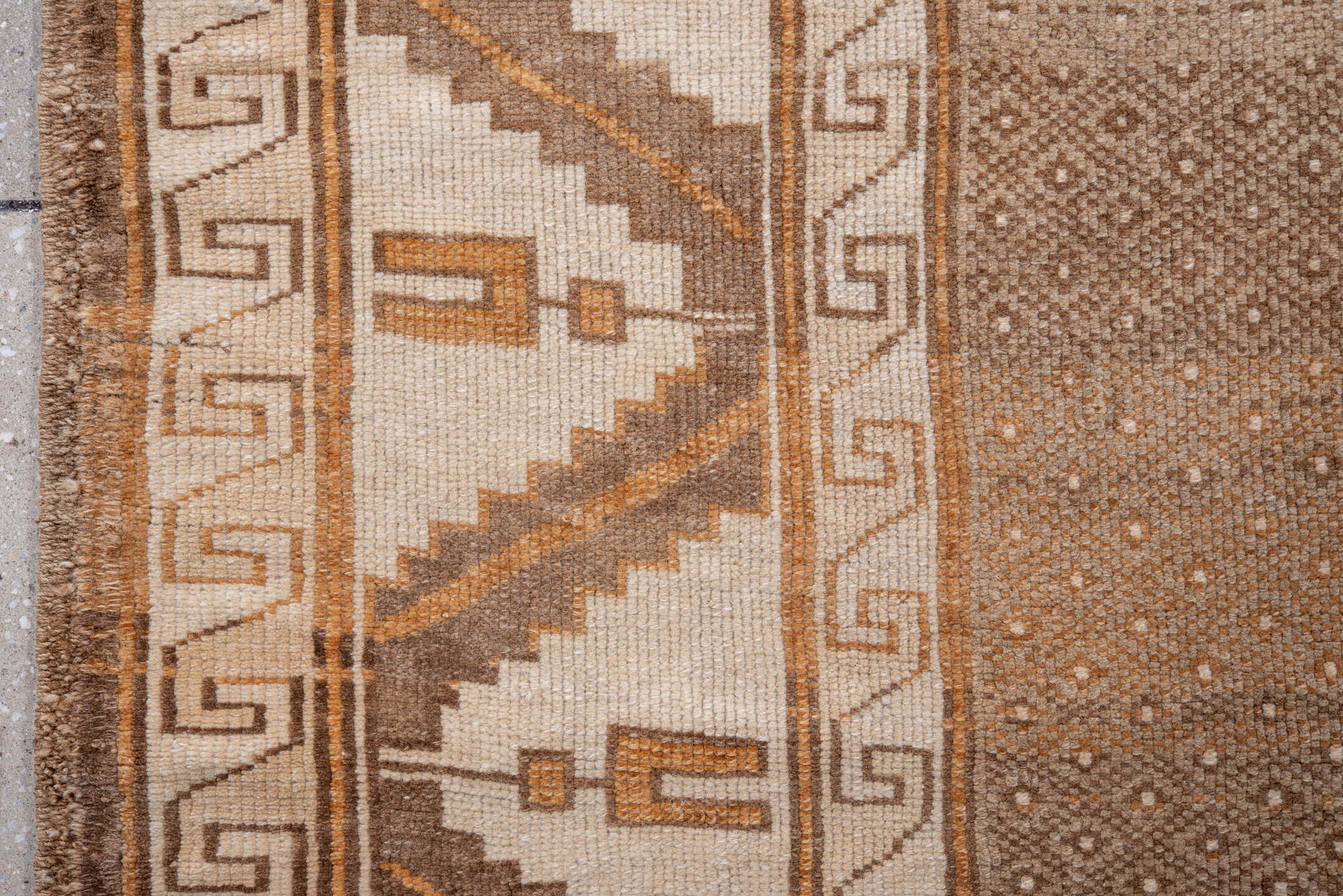 6' x 8' one-of-a-kind handmade antique Kars medium size rug. Color palette: camel, ivory, taupe, tan, brown, rust, beige