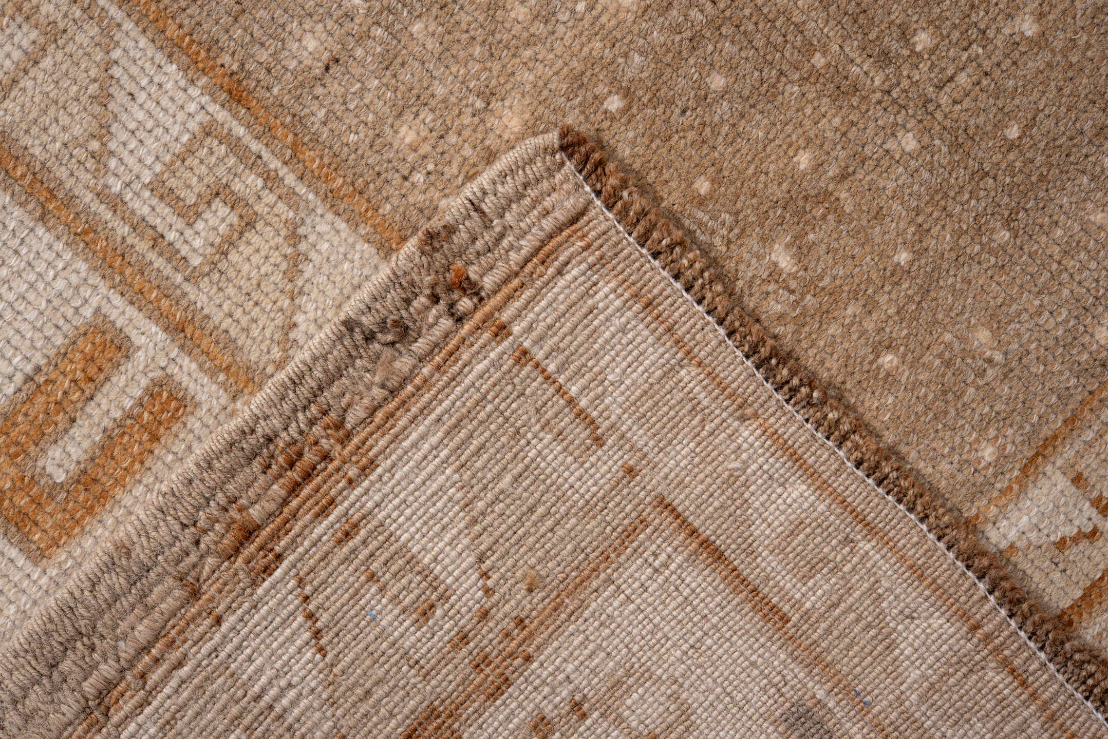 6' x 8' one-of-a-kind handmade antique Kars medium size rug. Color palette: camel, ivory, taupe, tan, brown, rust, beige