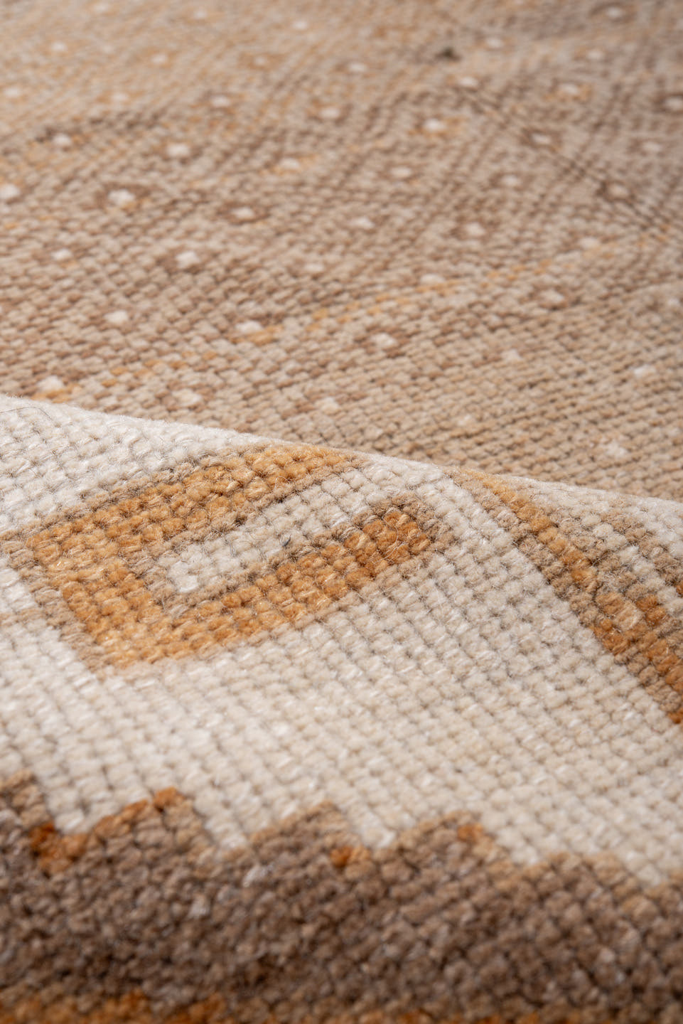 6' x 8' one-of-a-kind handmade antique Kars medium size rug. Color palette: camel, ivory, taupe, tan, brown, rust, beige