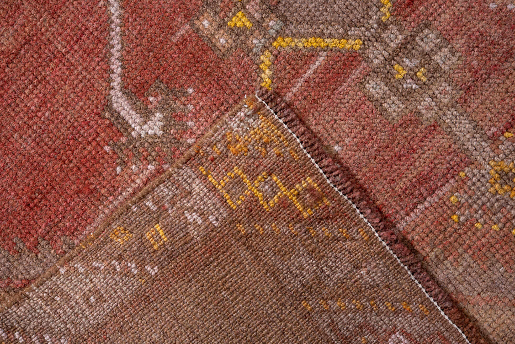 3' x 10' one-of-a-kind handmade vintage Kars runner rug. Color palette: brown, gray, light gray, off-white, orange, pink