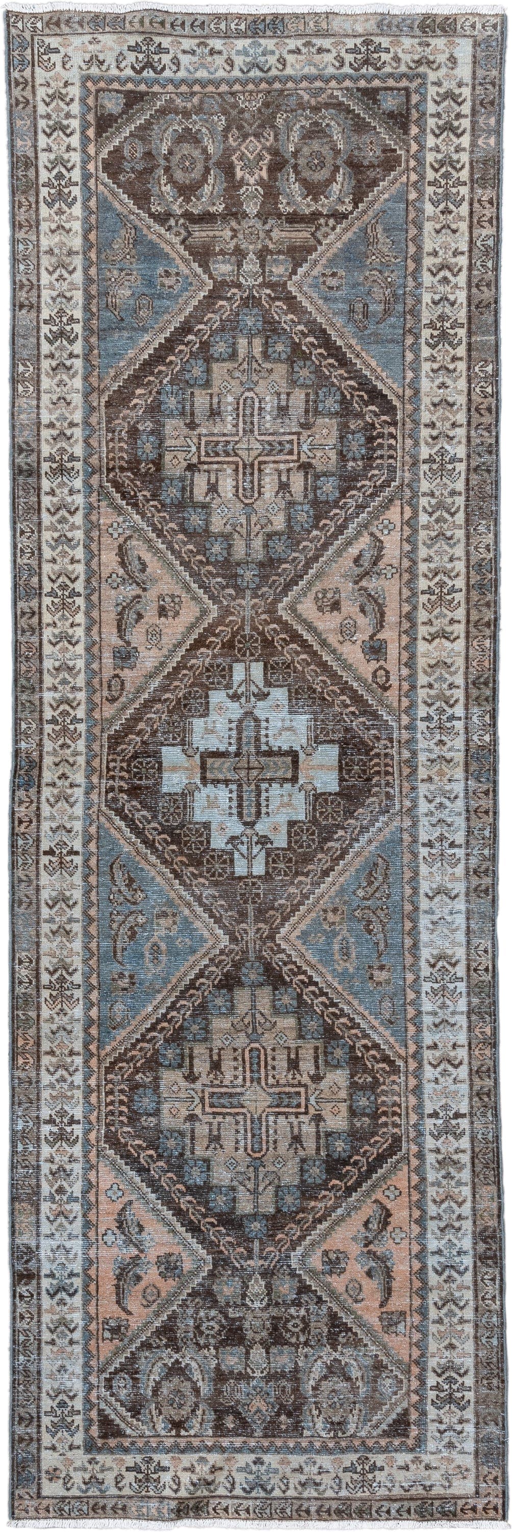 3' x 10' one-of-a-kind handmade antique Afshar runner rug. Color palette: ivory, brown, sky blue, taupe, camel, slate