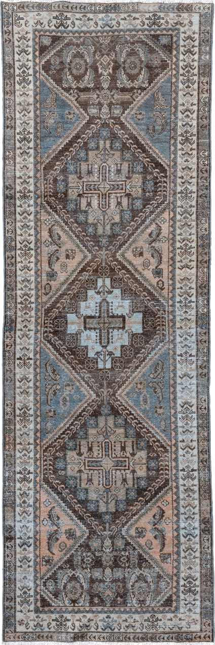 3' x 10' one-of-a-kind handmade vintage Afshar runner rug. Color palette: black, dark gray, dim gray, gainsboro, gray