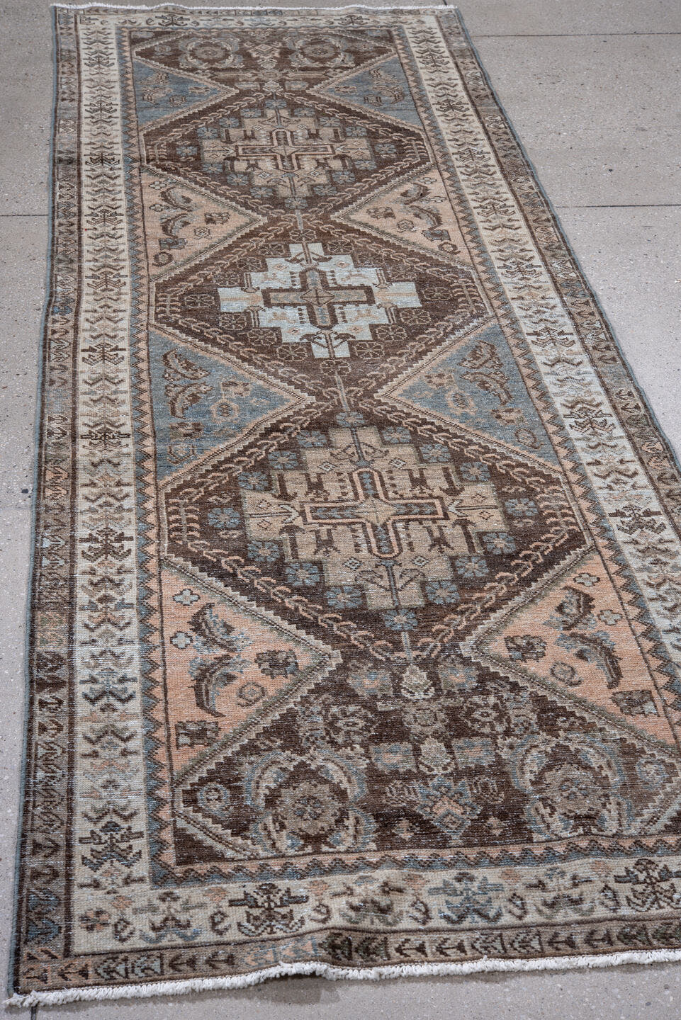 3' x 10' one-of-a-kind handmade antique Afshar runner rug. Color palette: ivory, brown, sky blue, taupe, camel, slate
