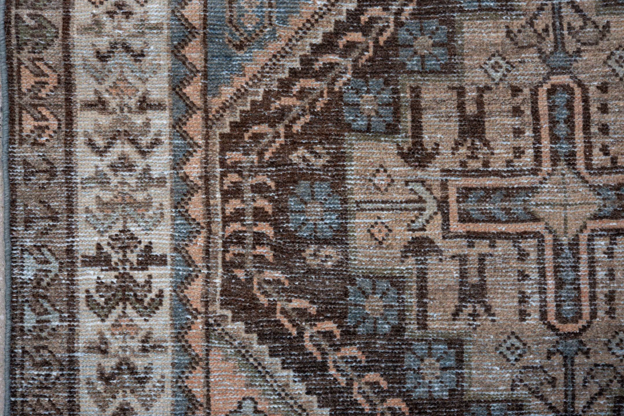 3' x 10' one-of-a-kind handmade antique Afshar runner rug. Color palette: ivory, brown, sky blue, taupe, camel, slate