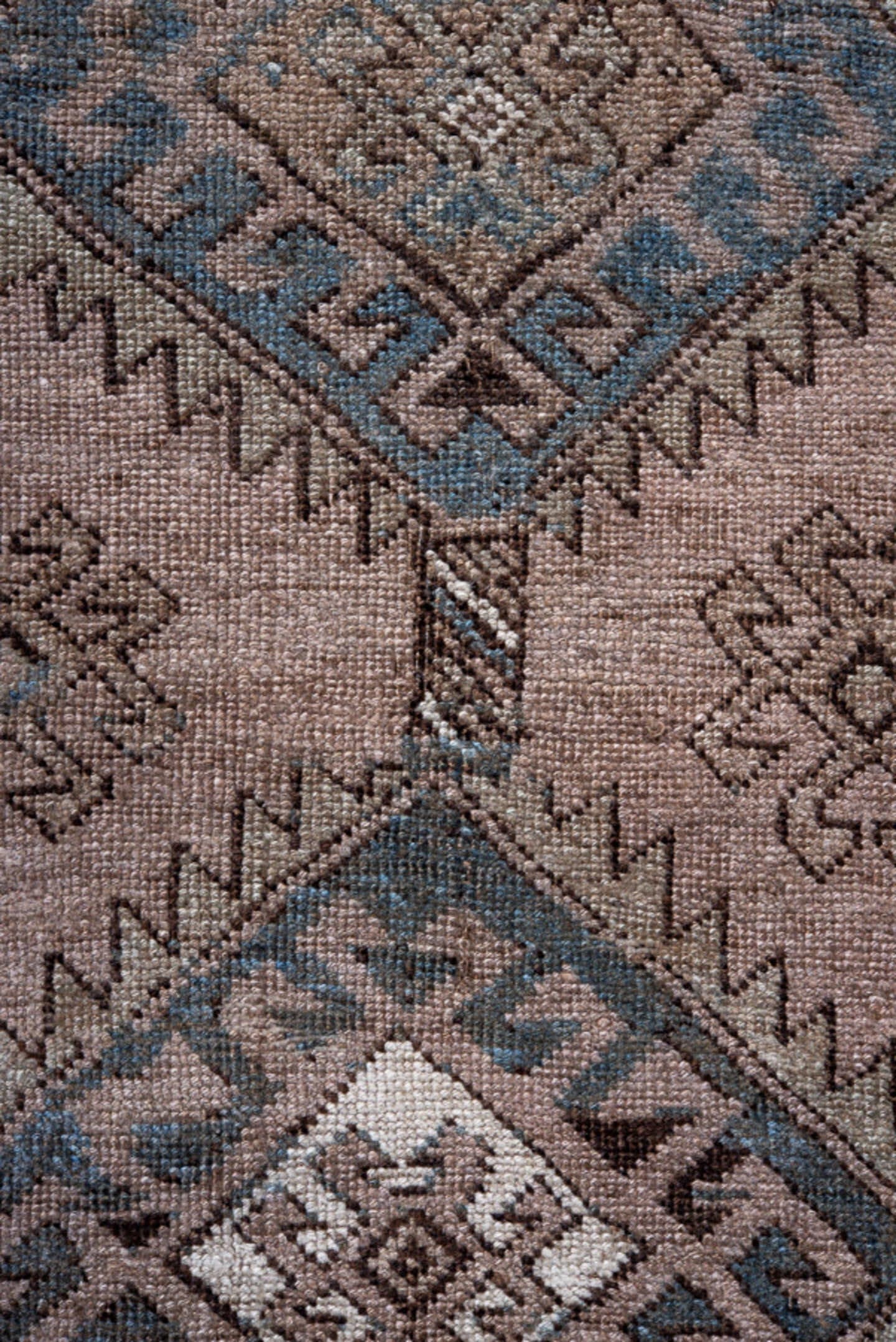 3' x 9' one-of-a-kind handmade vintage Kurd runner rug. Color palette: taupe, sky blue, brown, charcoal, ivory, beige, gray