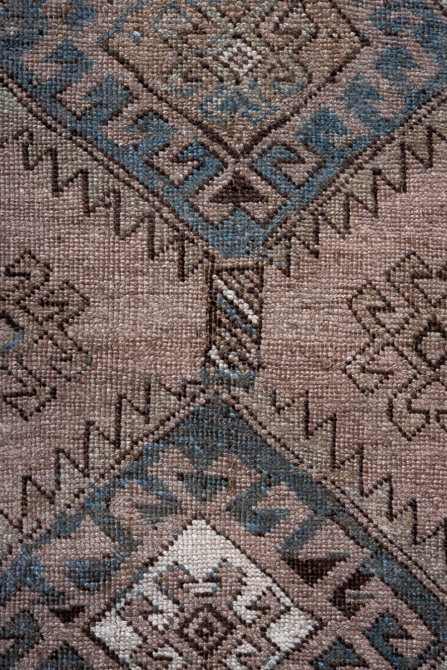 3' x 9' one-of-a-kind handmade vintage Kurd runner rug. Color palette: taupe, sky blue, brown, charcoal, ivory, beige, gray