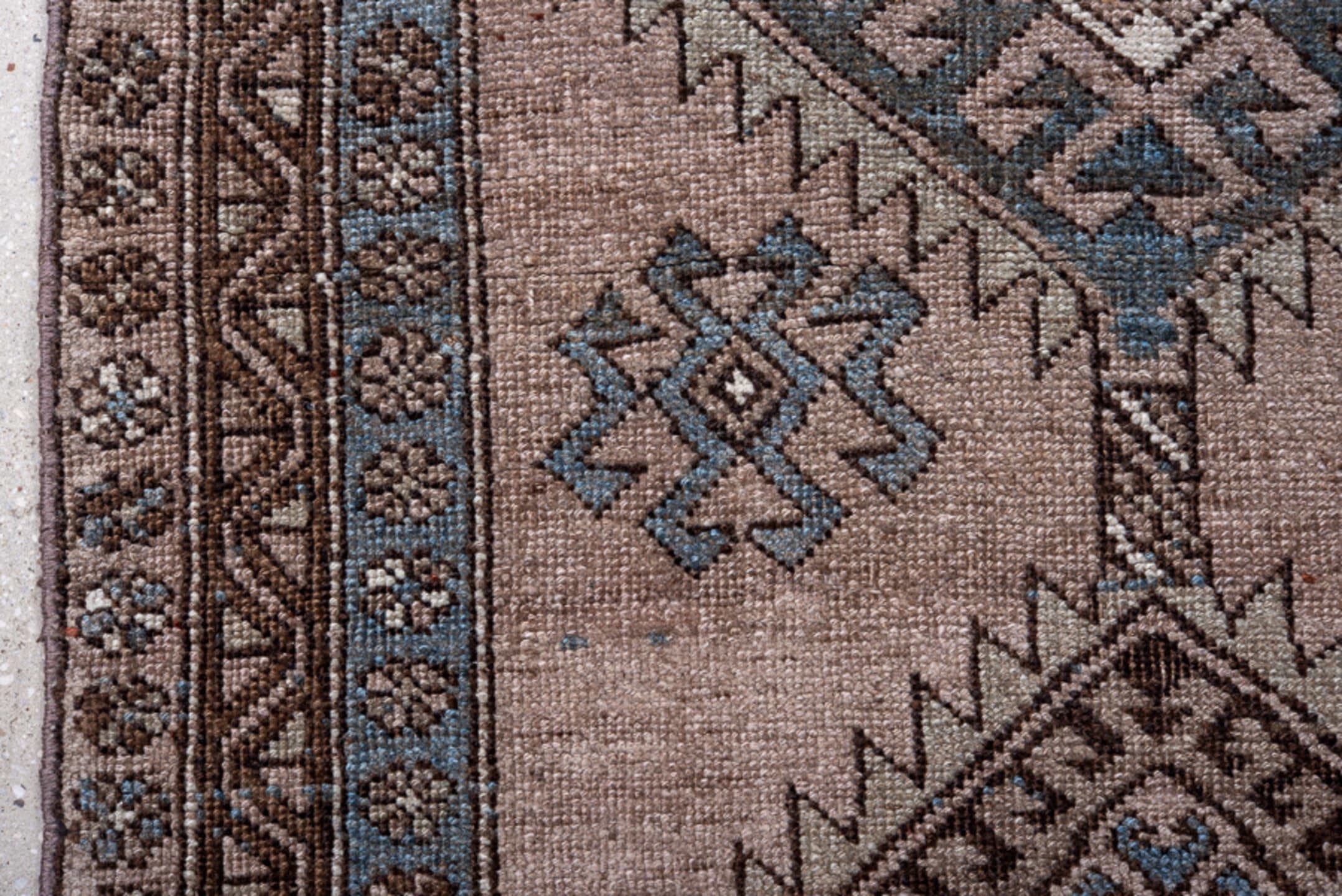 3' x 9' one-of-a-kind handmade vintage Kurd runner rug. Color palette: taupe, sky blue, brown, charcoal, ivory, beige, gray
