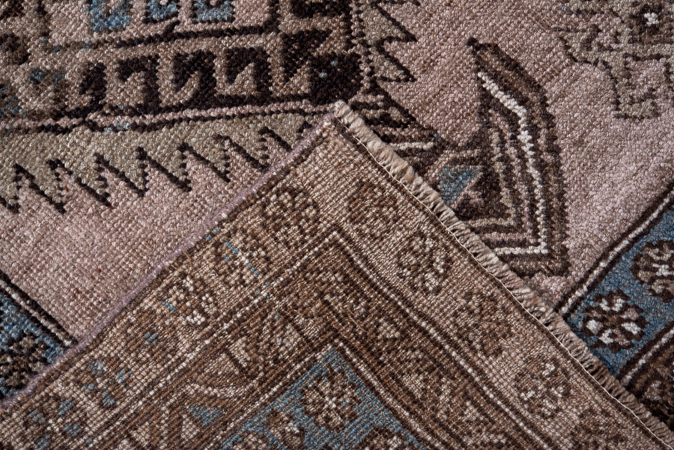 3' x 9' one-of-a-kind handmade vintage Kurd runner rug. Color palette: black, blue, brown, charcoal, dim gray, gray, pink