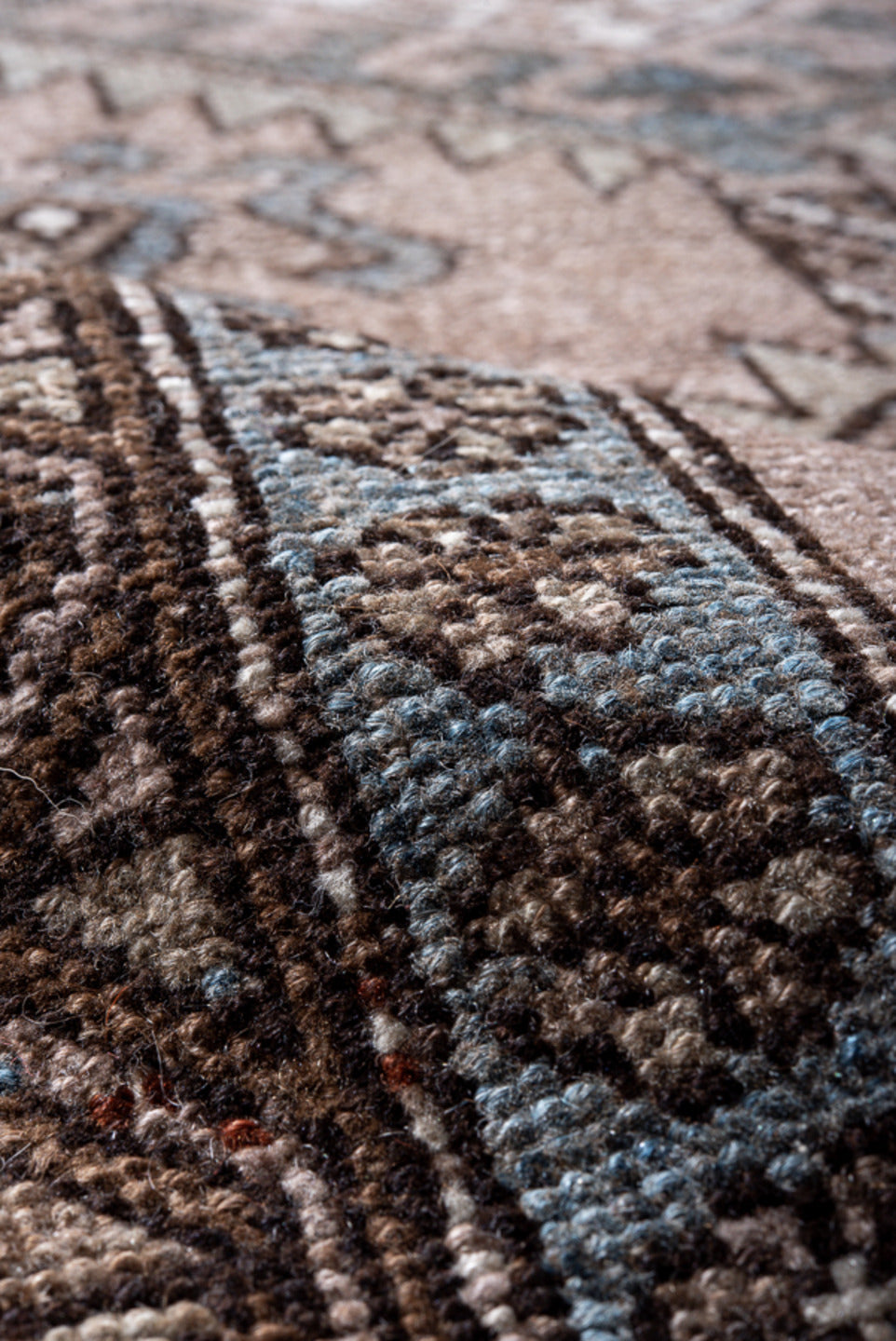 3' x 9' one-of-a-kind handmade vintage Kurd runner rug. Color palette: black, blue, brown, charcoal, dim gray, gray, pink