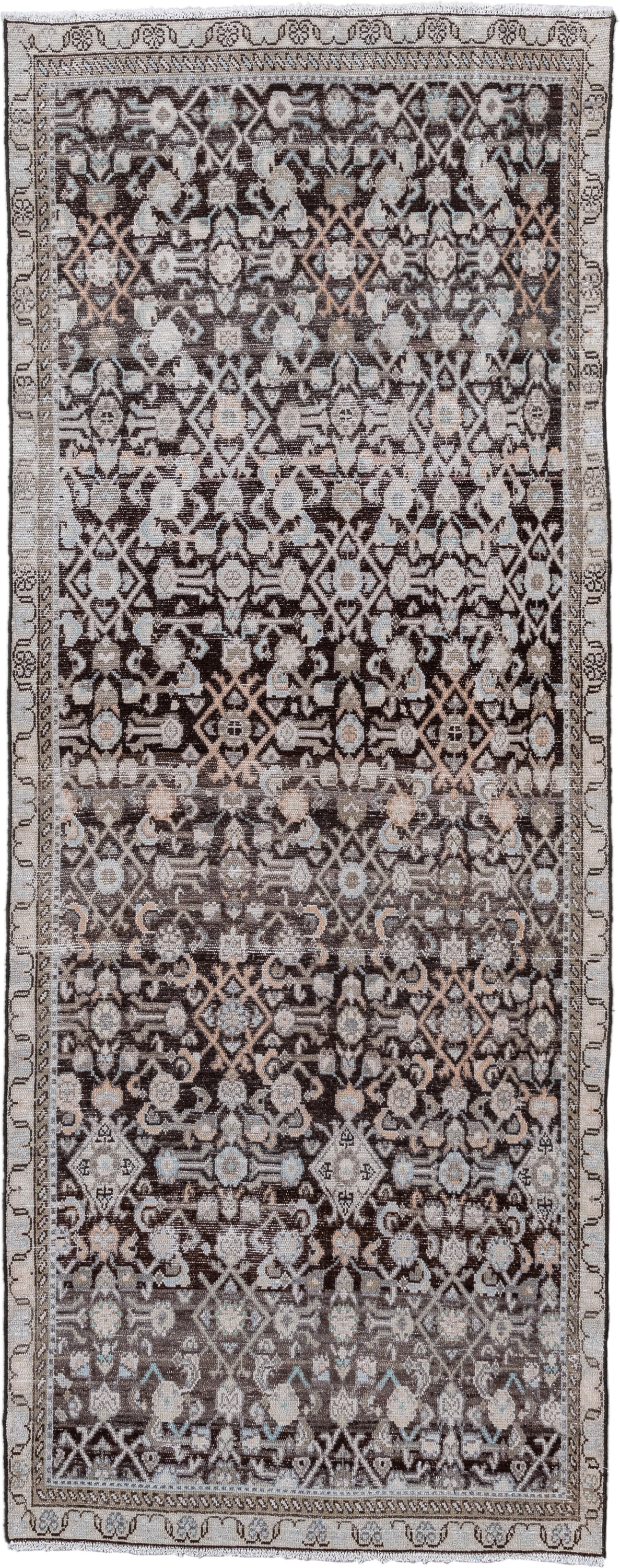3' x 8' one-of-a-kind handmade antique Mahal runner rug. Color palette: taupe, brown, ivory, charcoal, pale blue, beige