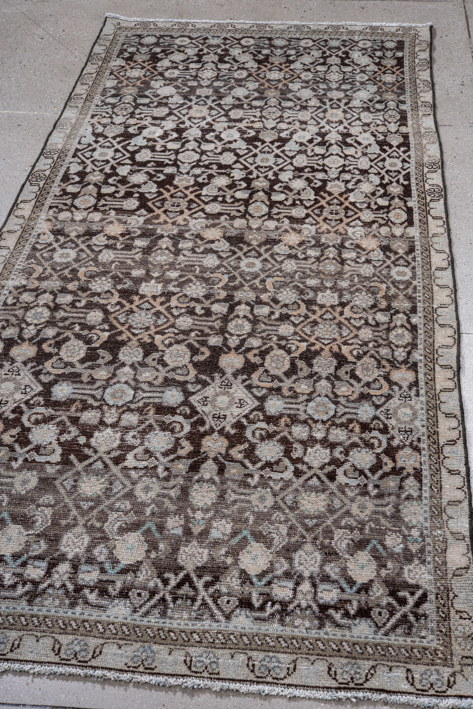 3' x 8' one-of-a-kind handmade antique Mahal runner rug. Color palette: taupe, brown, ivory, charcoal, pale blue, beige