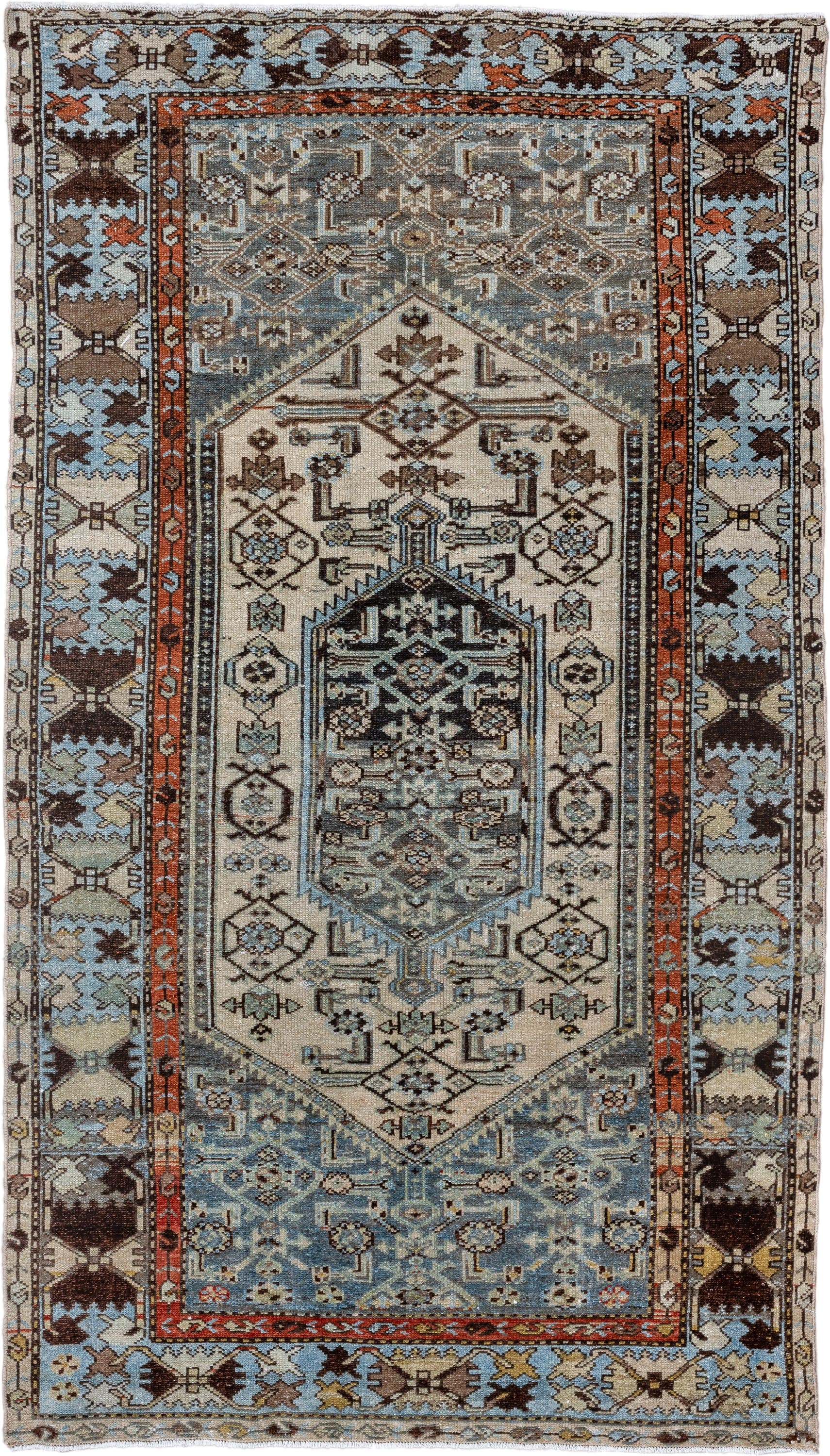 3' x 6' one-of-a-kind handmade antique Malayer runner rug. Color palette: ivory, sky blue, slate, rust, brown, taupe