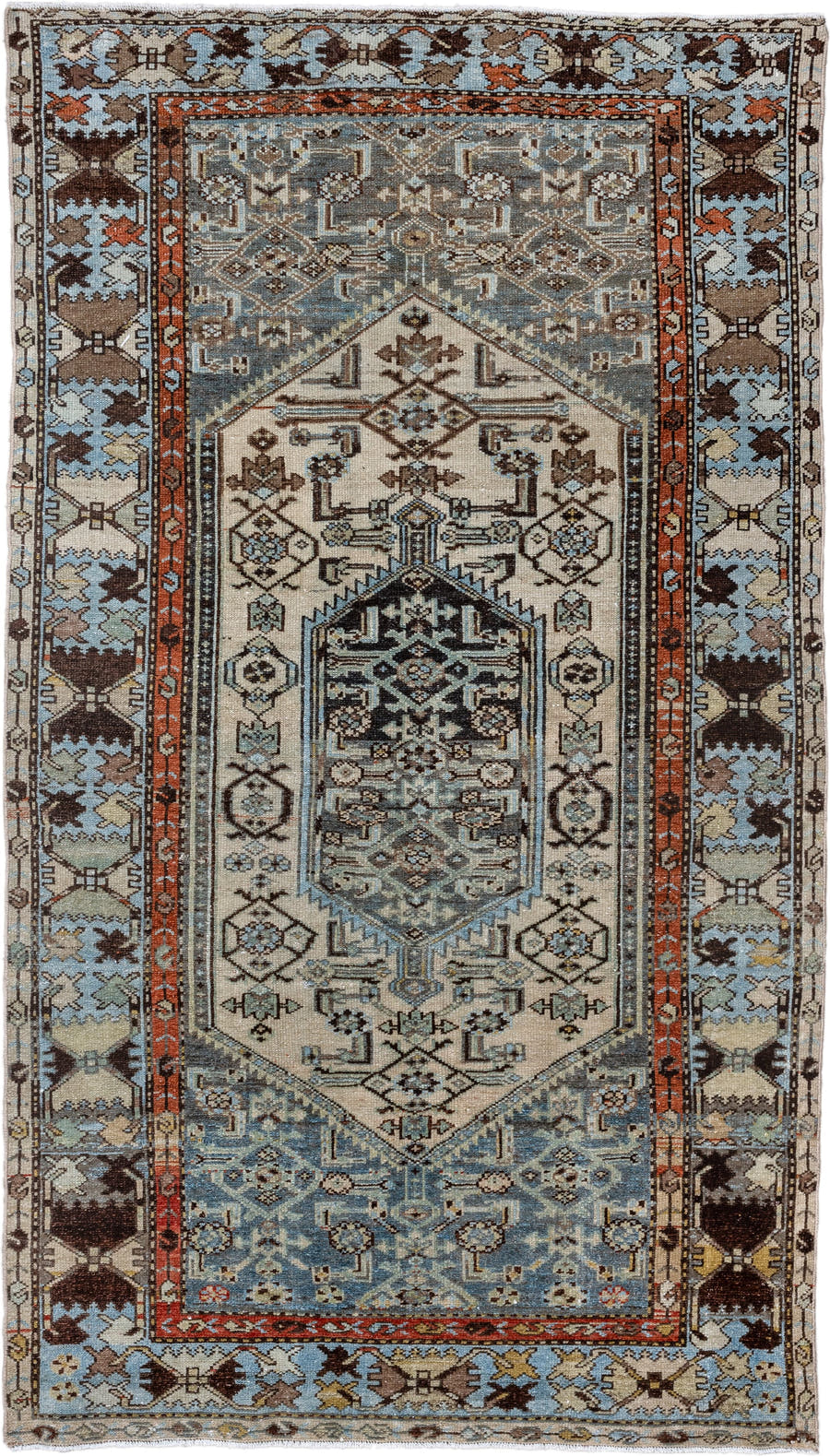 3' x 6' one-of-a-kind handmade antique Malayer runner rug. Color palette: ivory, sky blue, slate, rust, brown, taupe