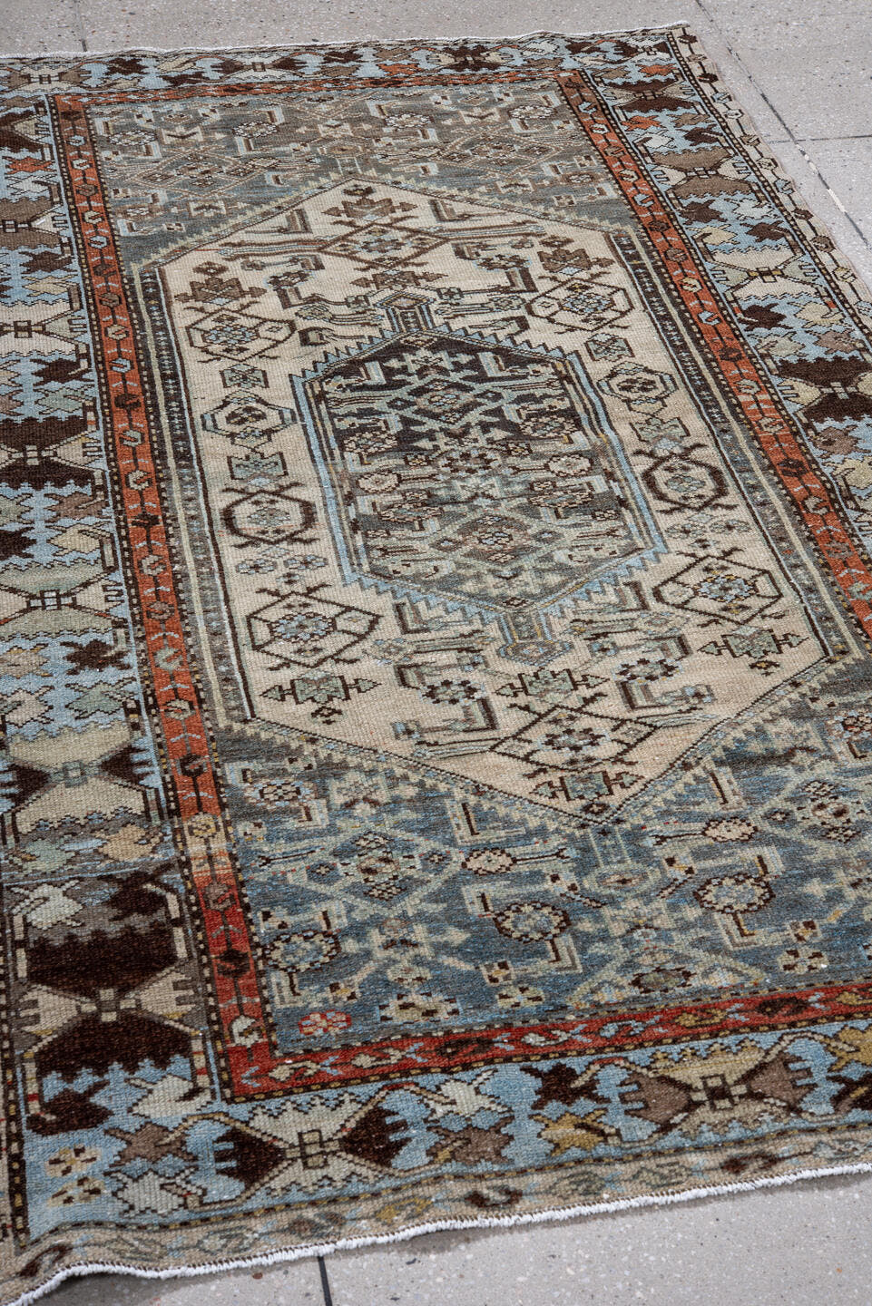 3' x 6' one-of-a-kind handmade antique Malayer runner rug. Color palette: ivory, sky blue, slate, rust, brown, taupe