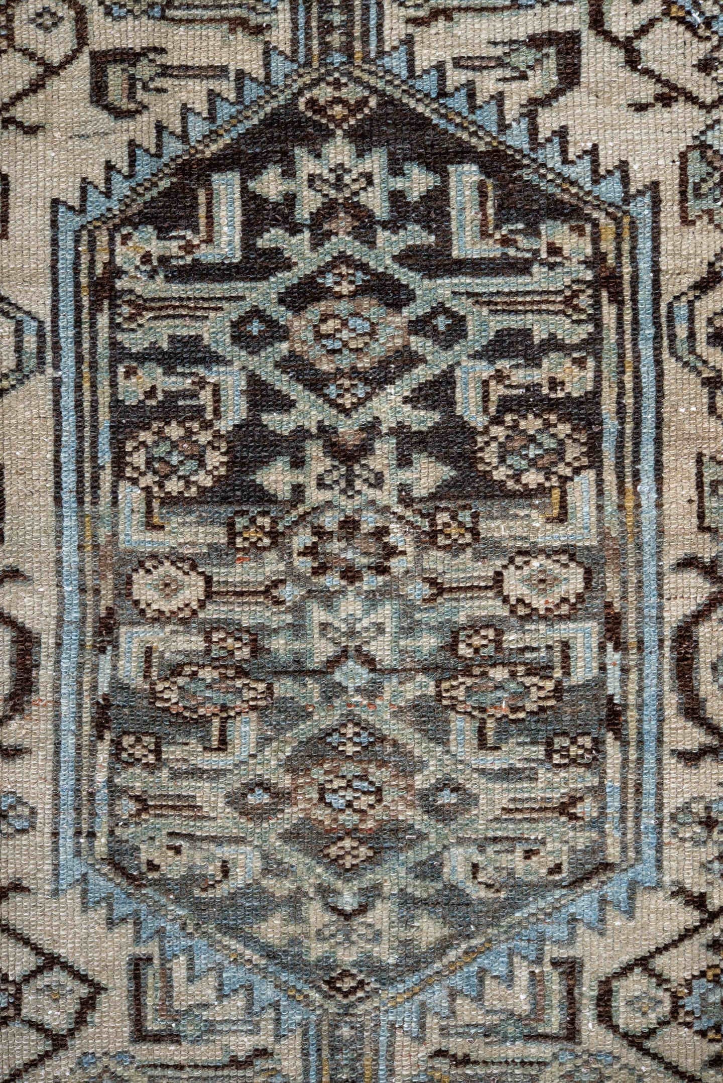 3' x 6' one-of-a-kind handmade antique Malayer runner rug. Color palette: ivory, sky blue, slate, rust, brown, taupe