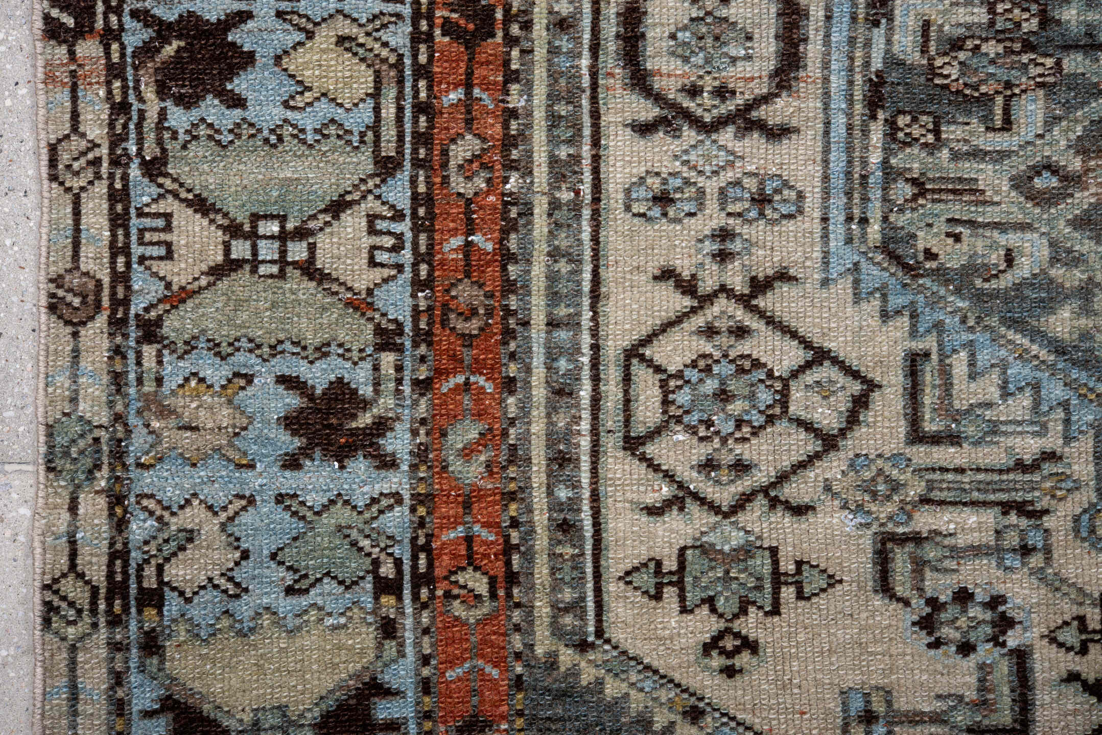 3' x 6' one-of-a-kind handmade antique Malayer runner rug. Color palette: ivory, sky blue, slate, rust, brown, taupe