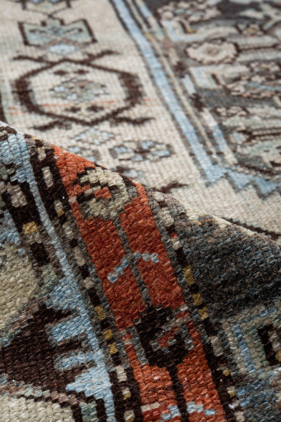 3' x 6' one-of-a-kind handmade antique Malayer runner rug. Color palette: ivory, sky blue, slate, rust, brown, taupe