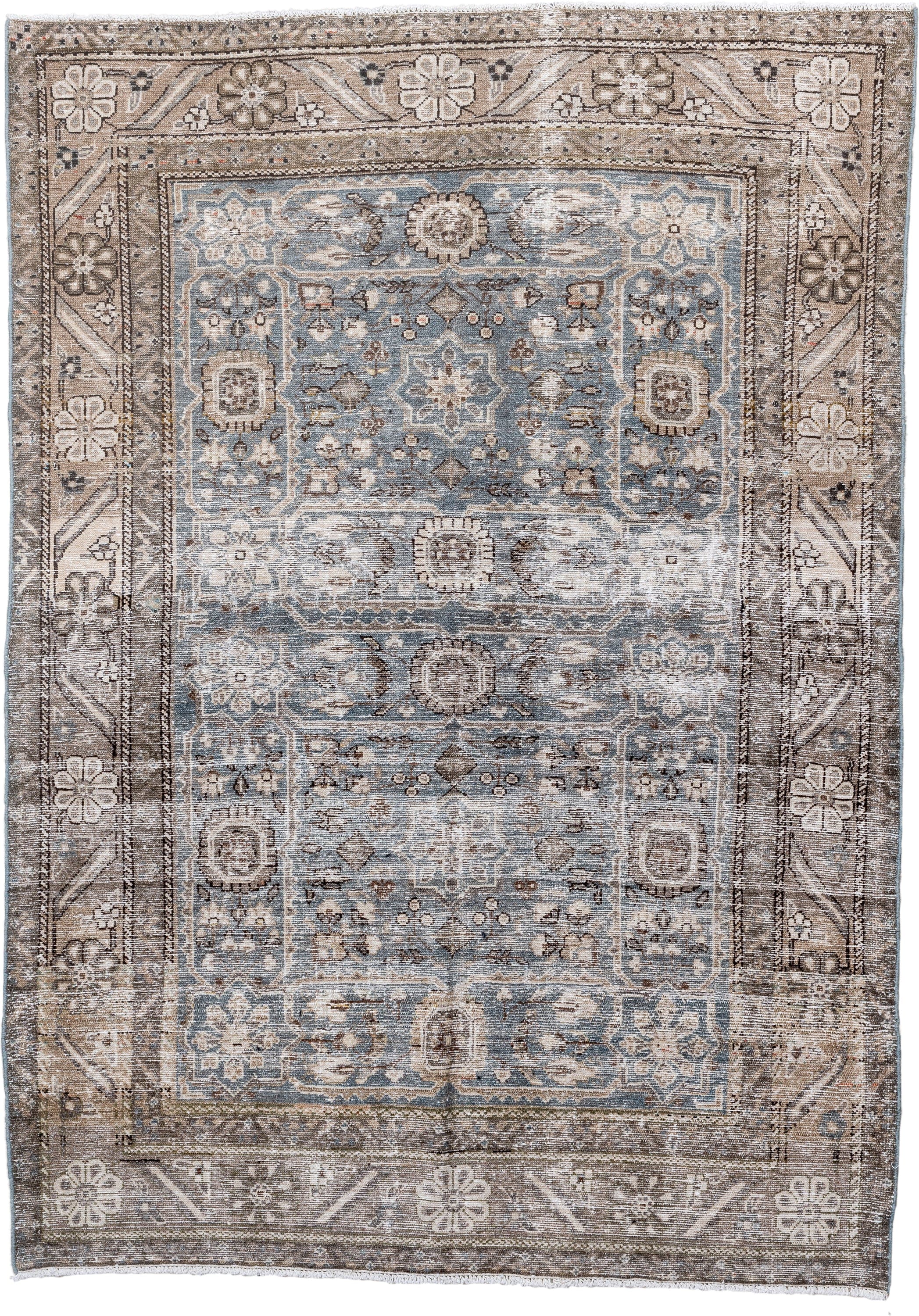 4' x 6' one-of-a-kind handmade vintage Malayer small size rug. Color palette: ivory, taupe, light blue, brown, beige, slate