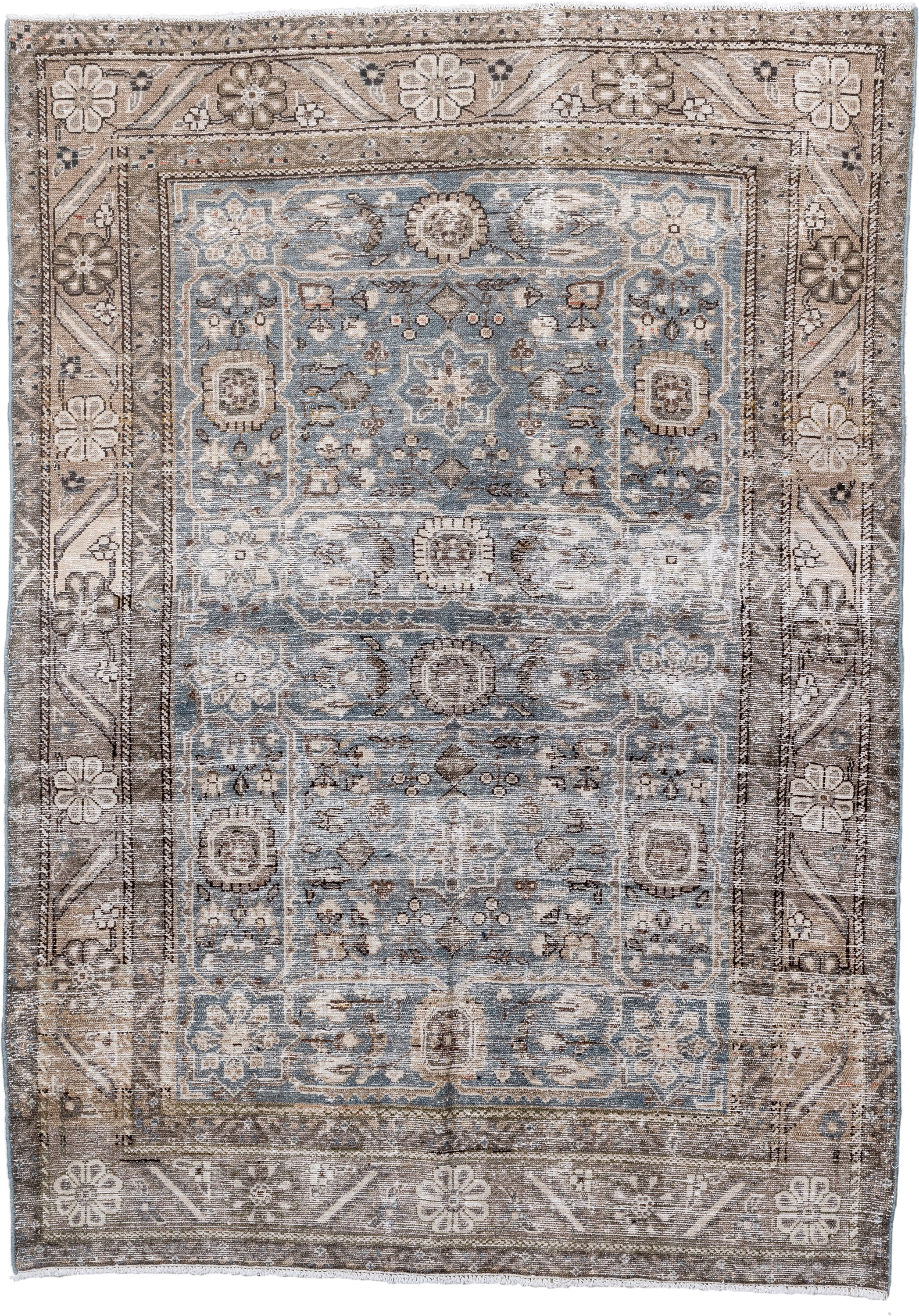 4' x 6' one-of-a-kind handmade vintage Malayer small size rug. Color palette: ivory, taupe, light blue, brown, beige, slate