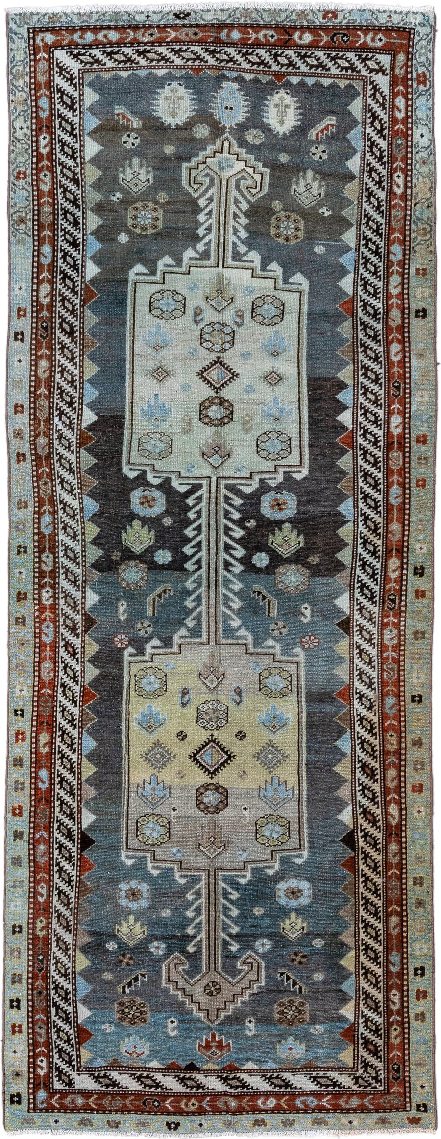 4' x 10' one-of-a-kind handmade antique Kurd runner rug. Color palette: blue, ivory, rust, charcoal, light blue, brown