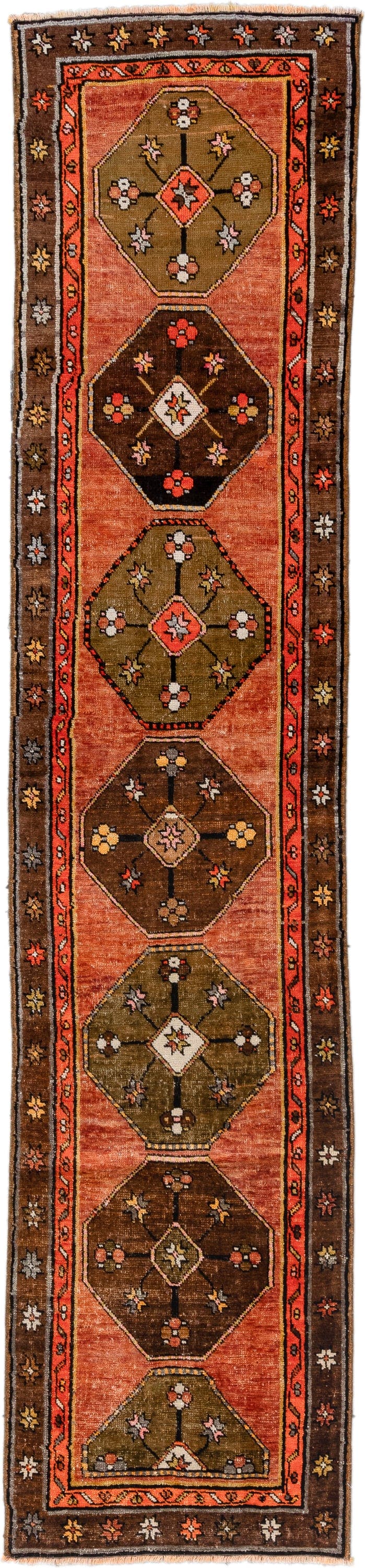 2' x 10' one-of-a-kind handmade antique Kars runner rug. Color palette: salmon, brown, olive, rust, ivory, coral, taupe
