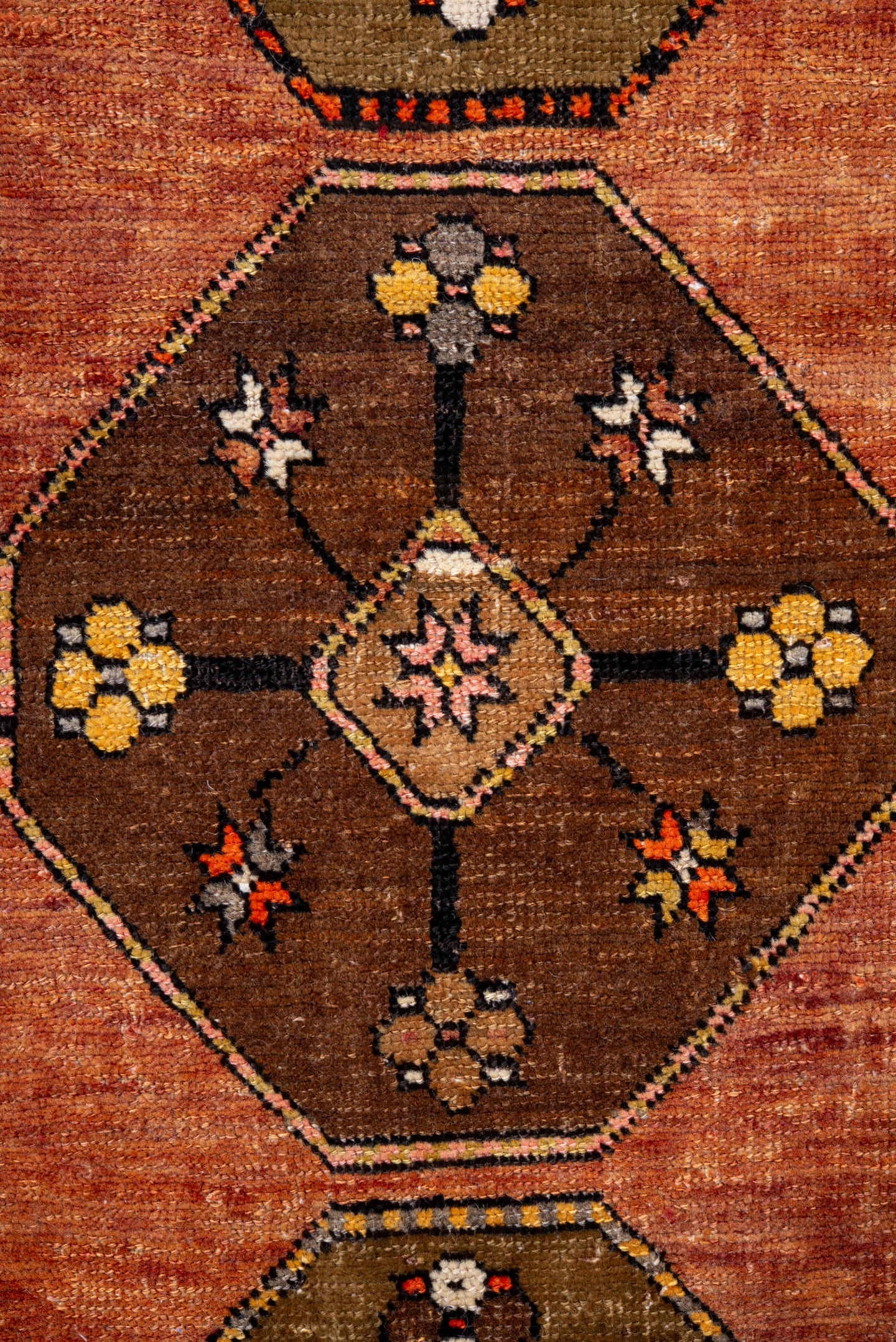 2' x 10' one-of-a-kind handmade antique Kars runner rug. Color palette: salmon, brown, olive, rust, ivory, coral, taupe