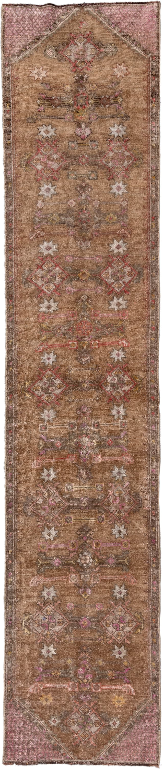 2' x 11' one-of-a-kind handmade antique Kars runner rug. Color palette: camel, taupe, rose, ivory, rust, brown, sage, beige