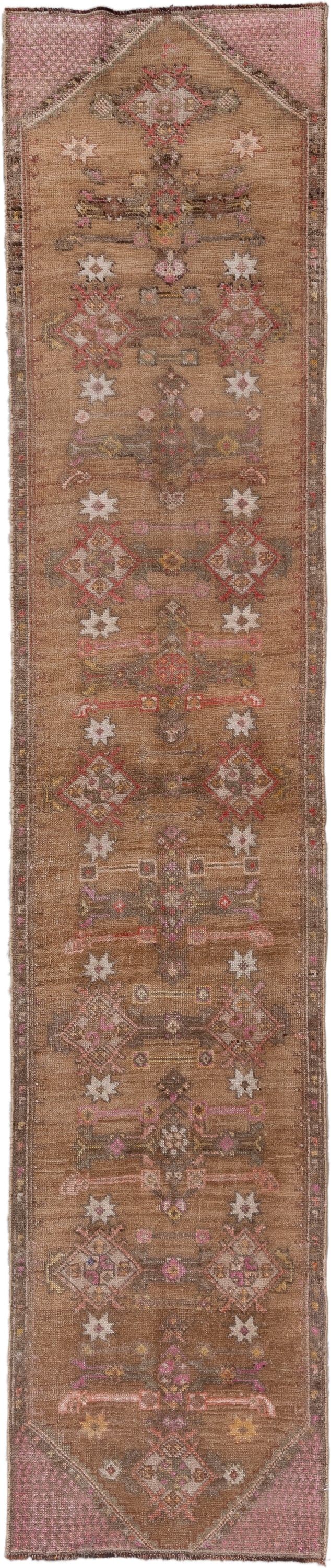 2' x 11' one-of-a-kind handmade antique Kars runner rug. Color palette: camel, taupe, rose, ivory, rust, brown, sage, beige