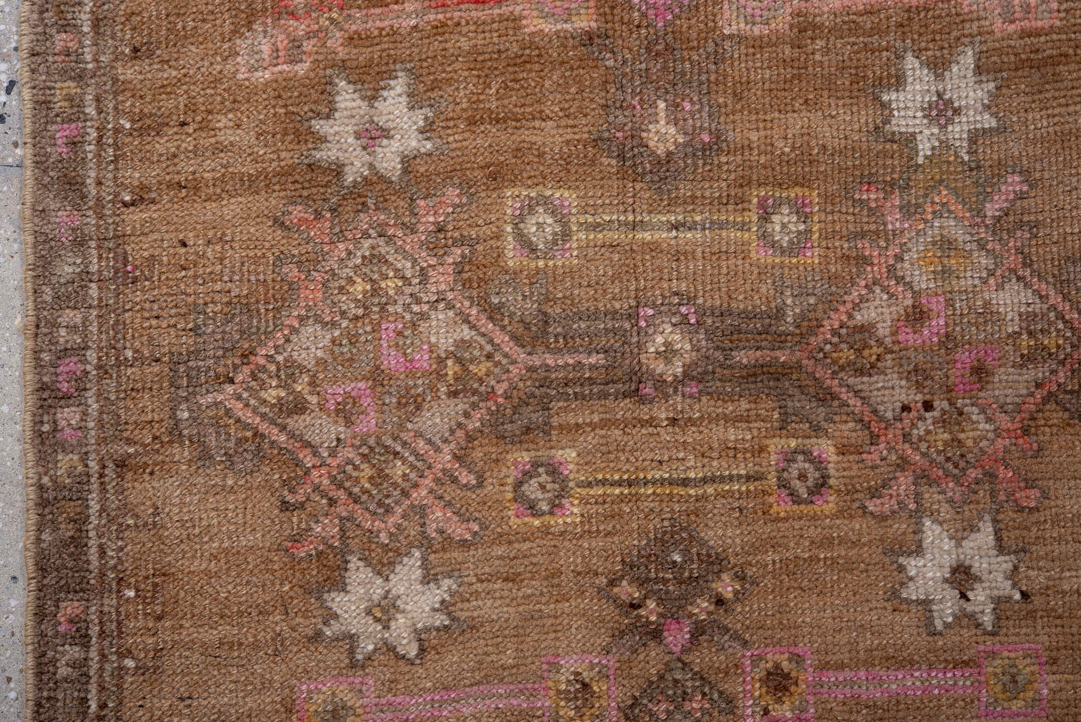 2' x 11' one-of-a-kind handmade vintage Kars runner rug. Color palette: pink, brown, off-white, light gray, gray, white