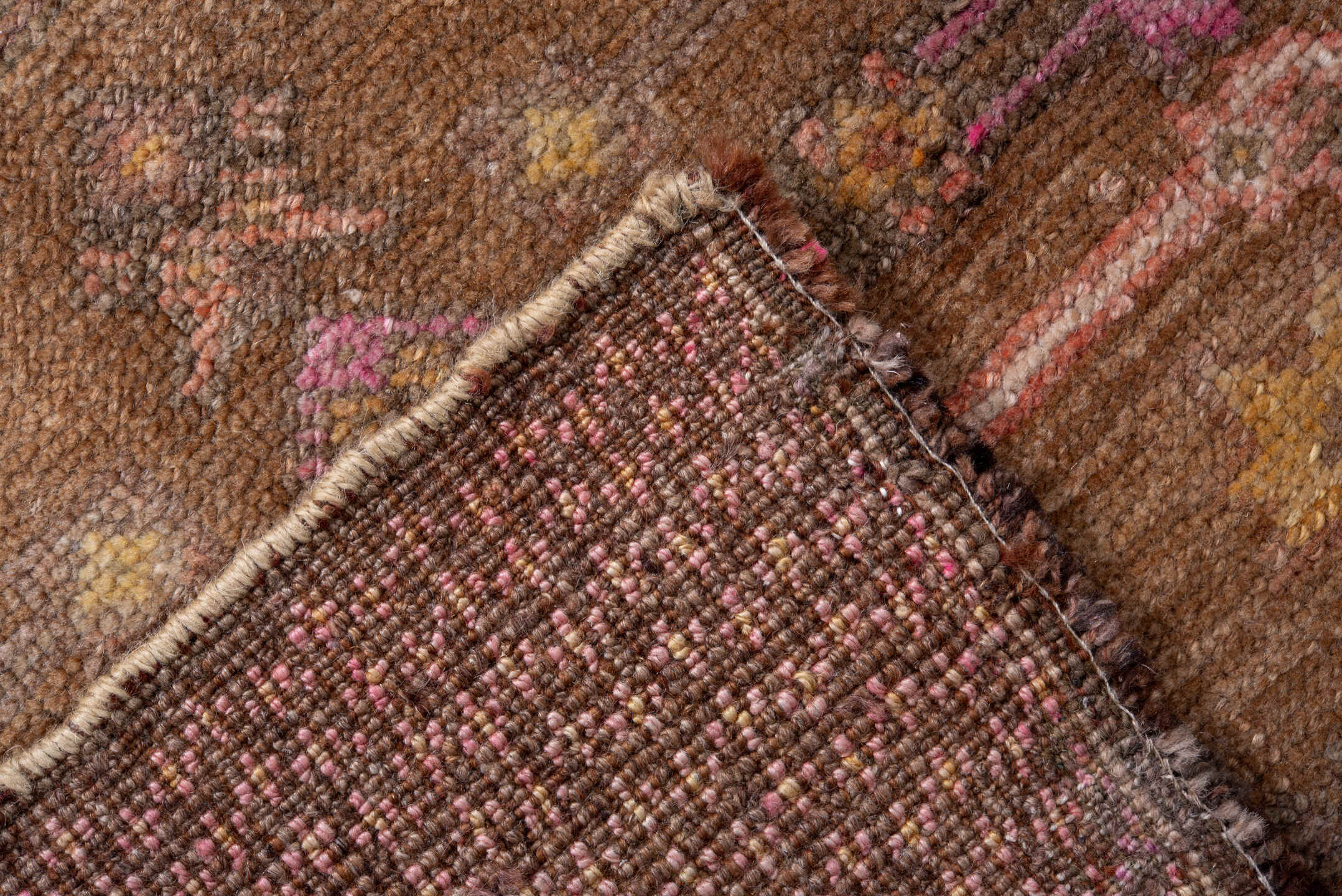 2' x 11' one-of-a-kind handmade vintage Kars runner rug. Color palette: pink, brown, off-white, light gray, gray, white