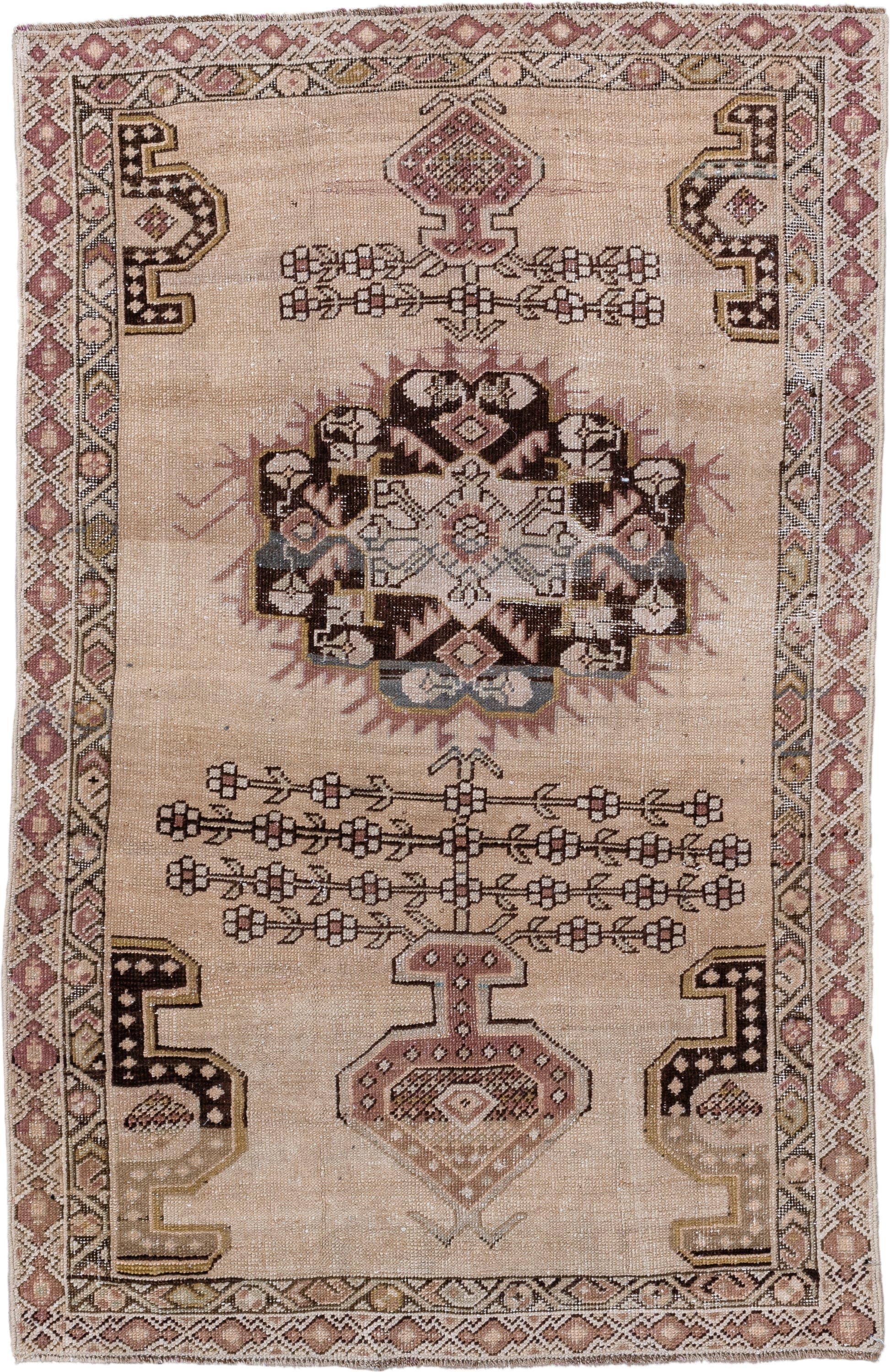 3' x 4' one-of-a-kind handmade antique Karabagh small size rug. Color palette: ivory, rose, brown, taupe, camel, gold