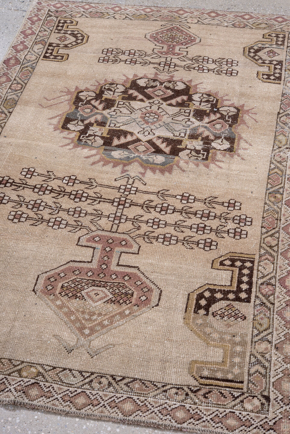 3' x 4' one-of-a-kind handmade antique Karabagh small size rug. Color palette: ivory, rose, brown, taupe, camel, gold