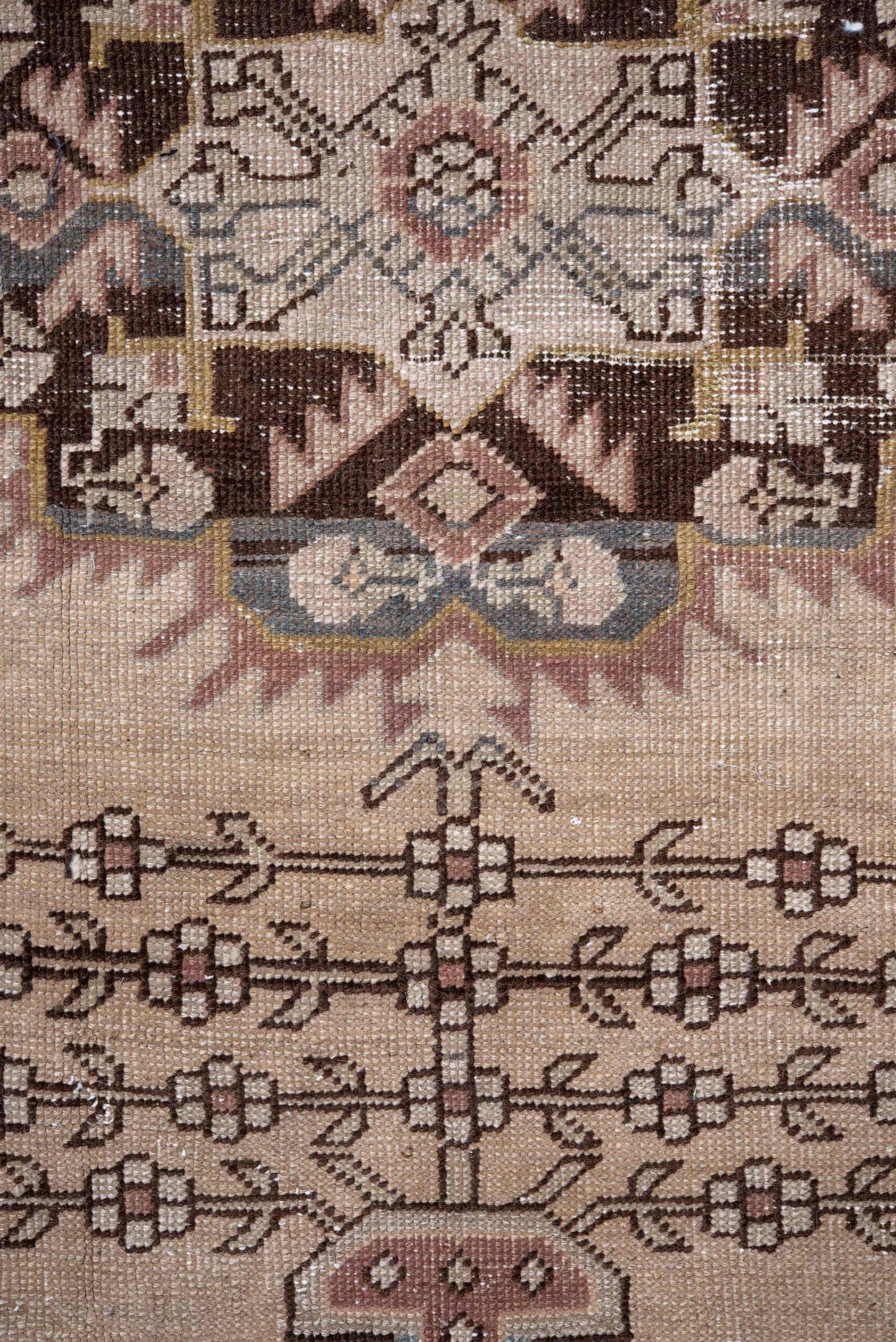 3' x 4' one-of-a-kind handmade antique Karabagh small size rug. Color palette: ivory, rose, brown, taupe, camel, gold