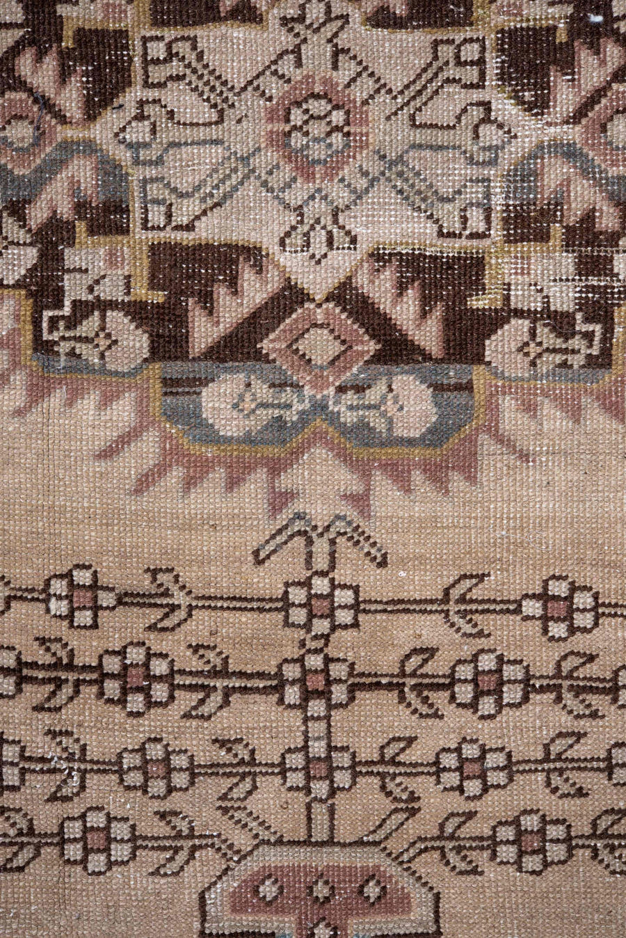 3' x 4' one-of-a-kind handmade antique Karabagh small size rug. Color palette: ivory, rose, brown, taupe, camel, gold