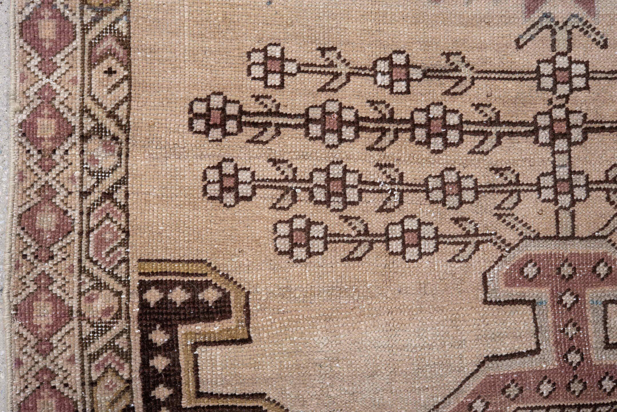 3' x 4' one-of-a-kind handmade antique Karabagh small size rug. Color palette: ivory, rose, brown, taupe, camel, gold