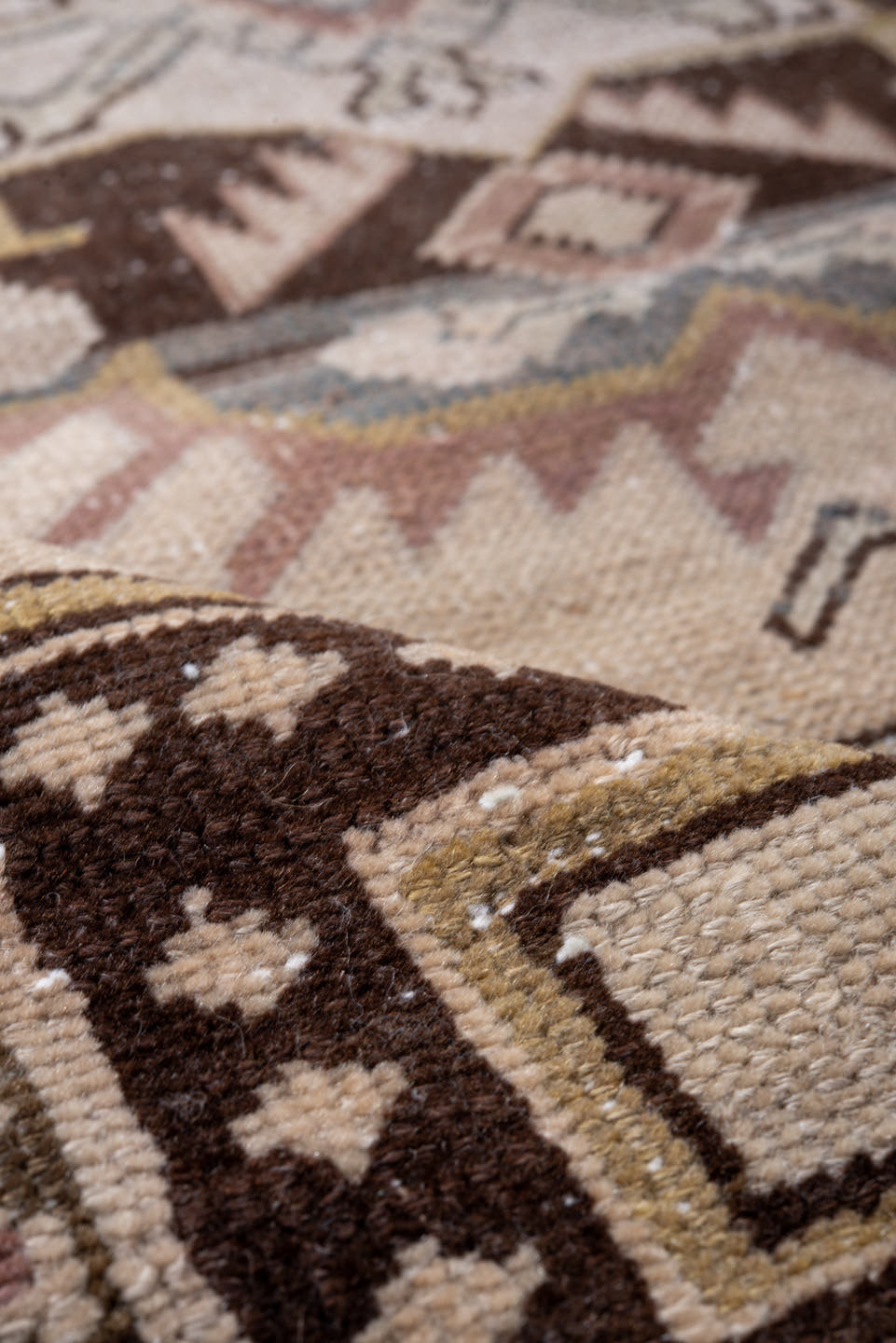 3' x 4' one-of-a-kind handmade antique Karabagh small size rug. Color palette: ivory, rose, brown, taupe, camel, gold