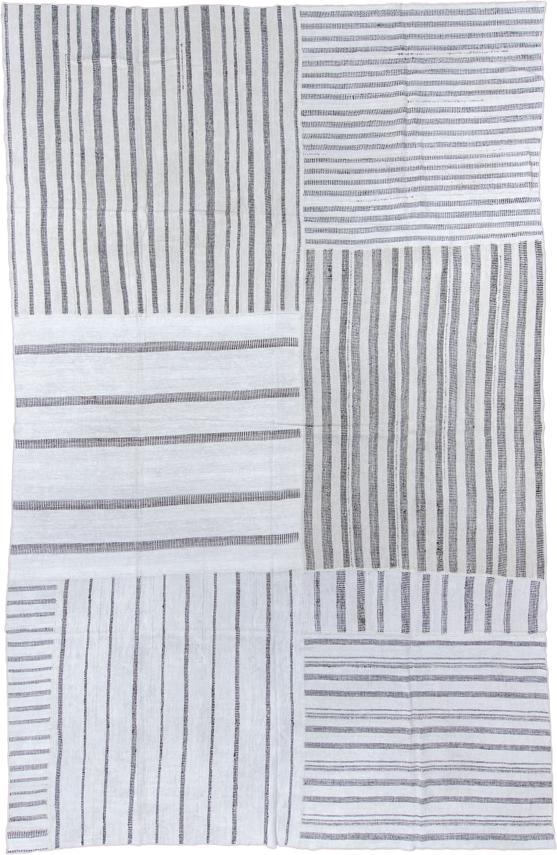 10' x 15' one-of-a-kind handmade vintage Kilim rug. Color palette: ivory, charcoal, gray, black
