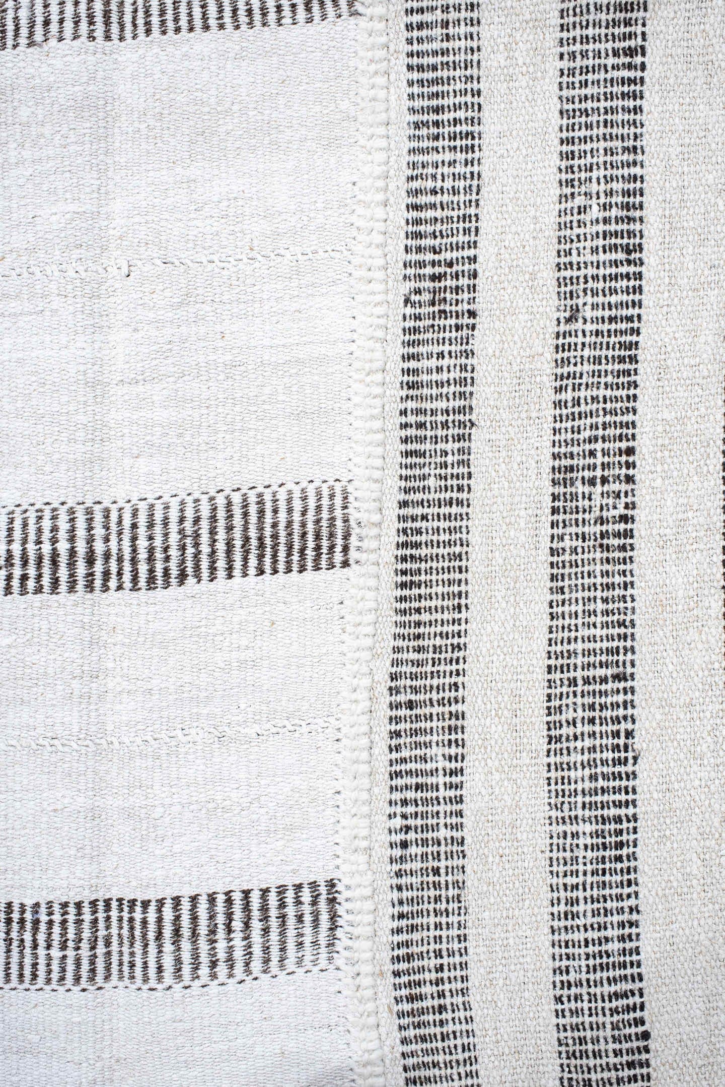 10' x 15' one-of-a-kind handmade vintage Kilim rug. Color palette: ivory, charcoal, gray, black