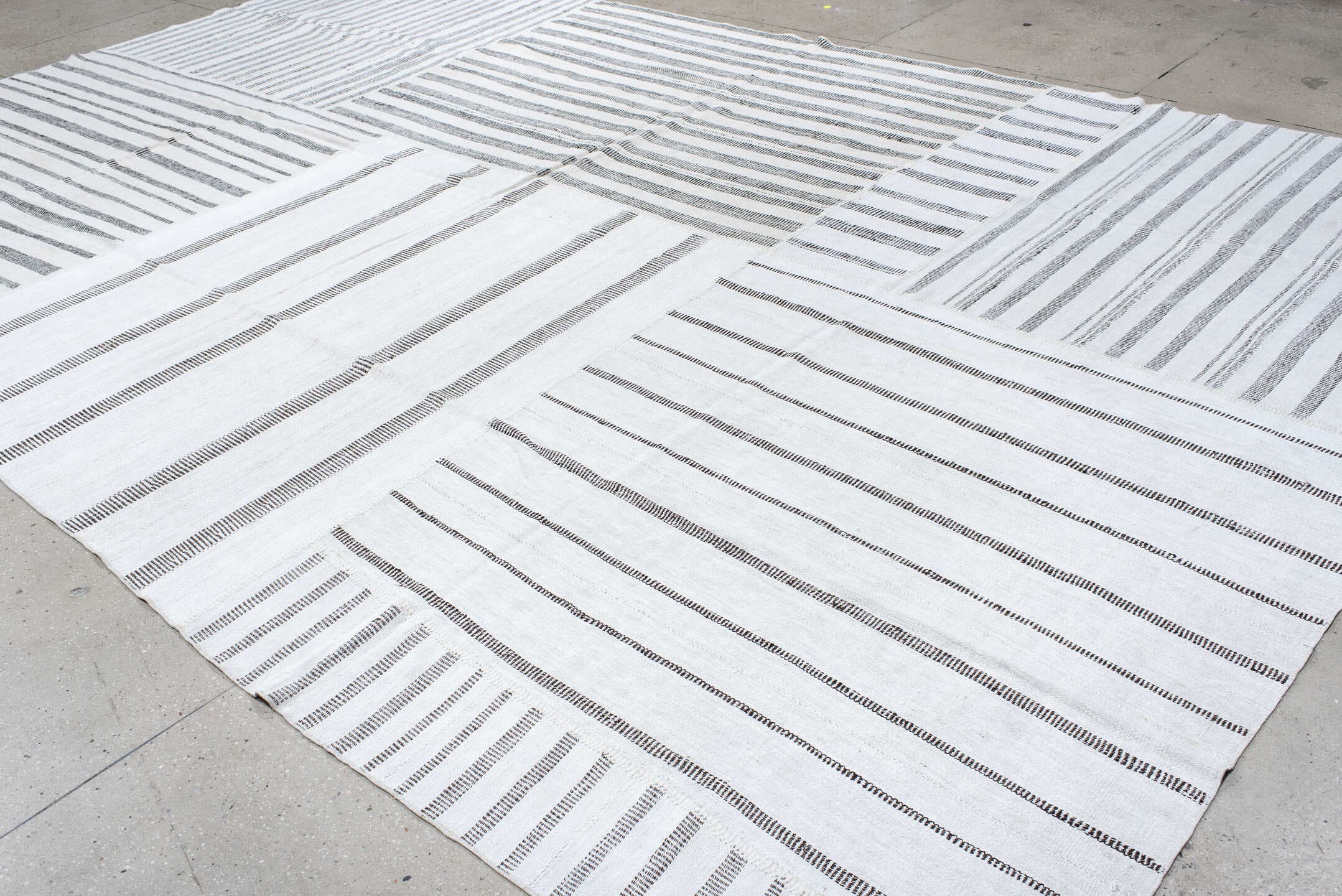 10' x 15' one-of-a-kind handmade vintage Kilim rug. Color palette: ivory, charcoal, gray, black