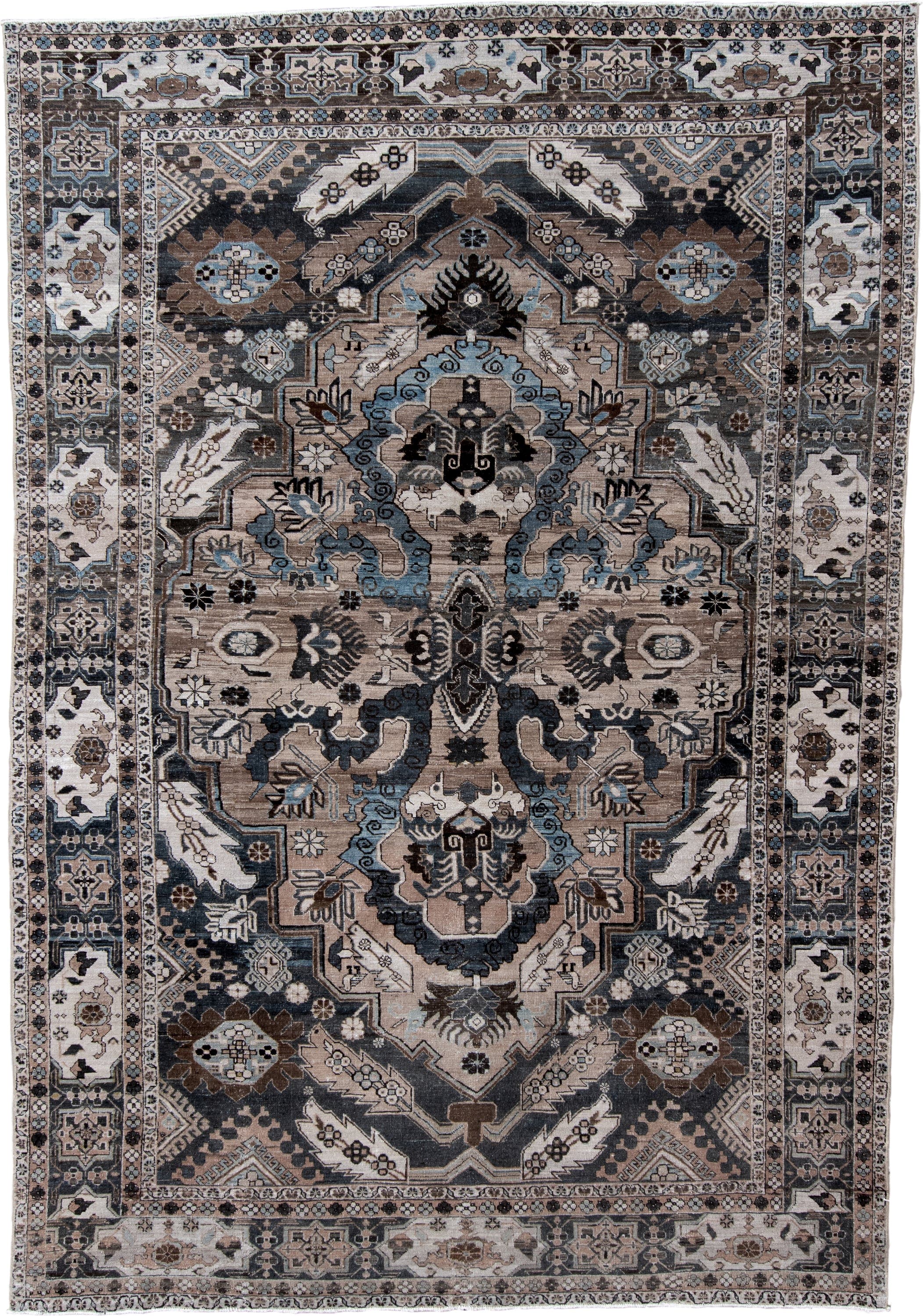 7' x 10' one-of-a-kind handmade antique Ardebil large size rug. Color palette: taupe, ivory, charcoal, slate, brown