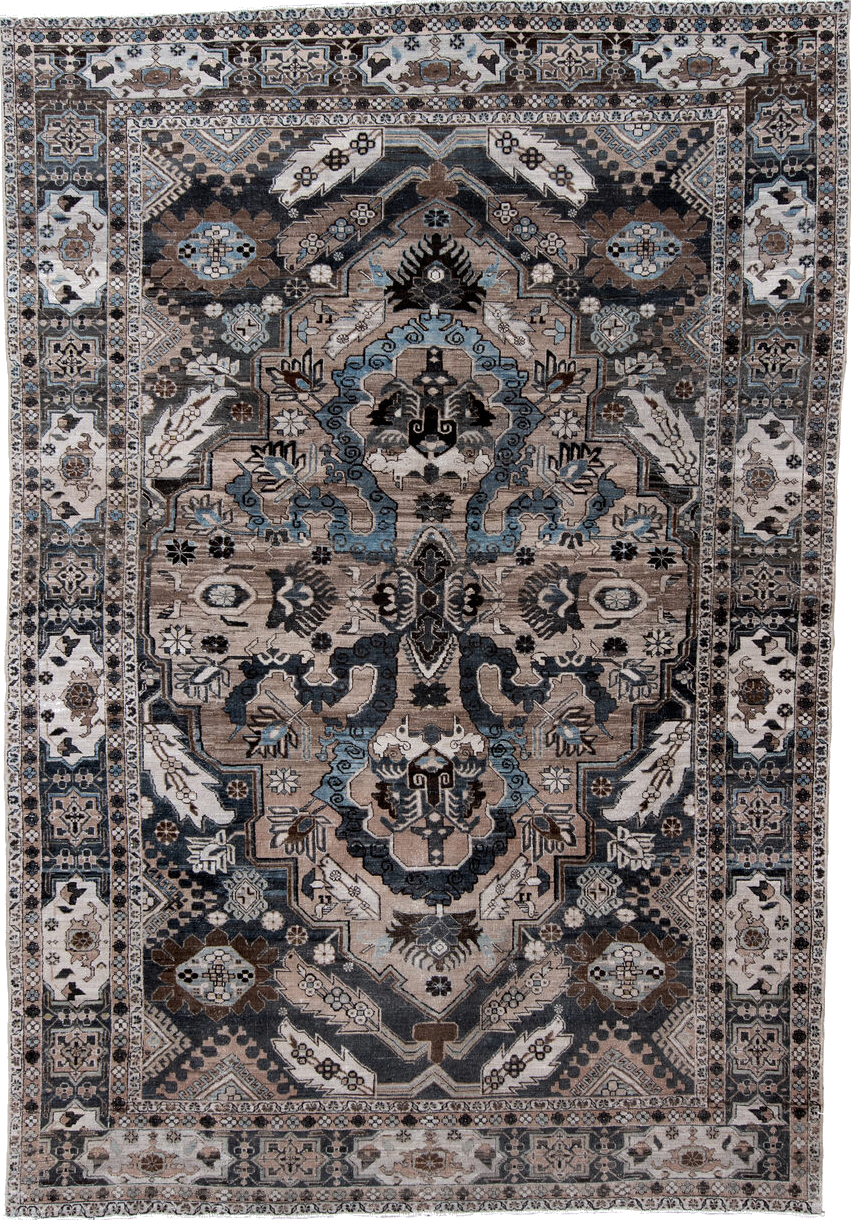 7' x 10' one-of-a-kind handmade vintage Ardebil large size rug. Color palette: black, blue, charcoal, dark gray, gainsboro