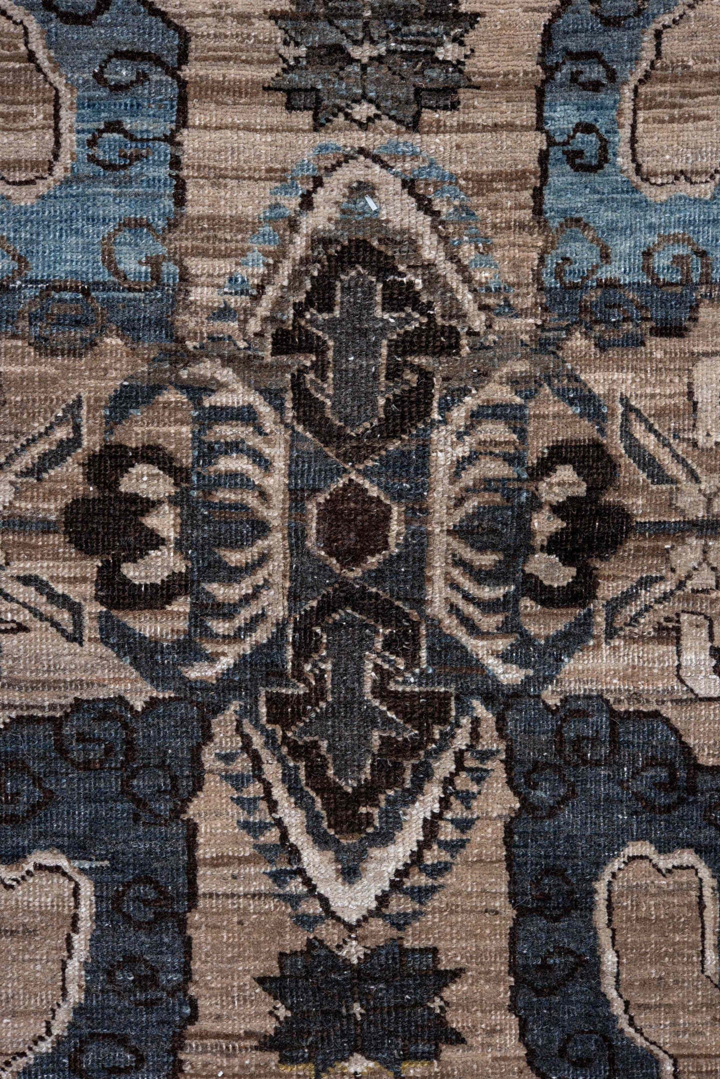 7' x 10' one-of-a-kind handmade antique Ardebil large size rug. Color palette: taupe, ivory, charcoal, slate, brown